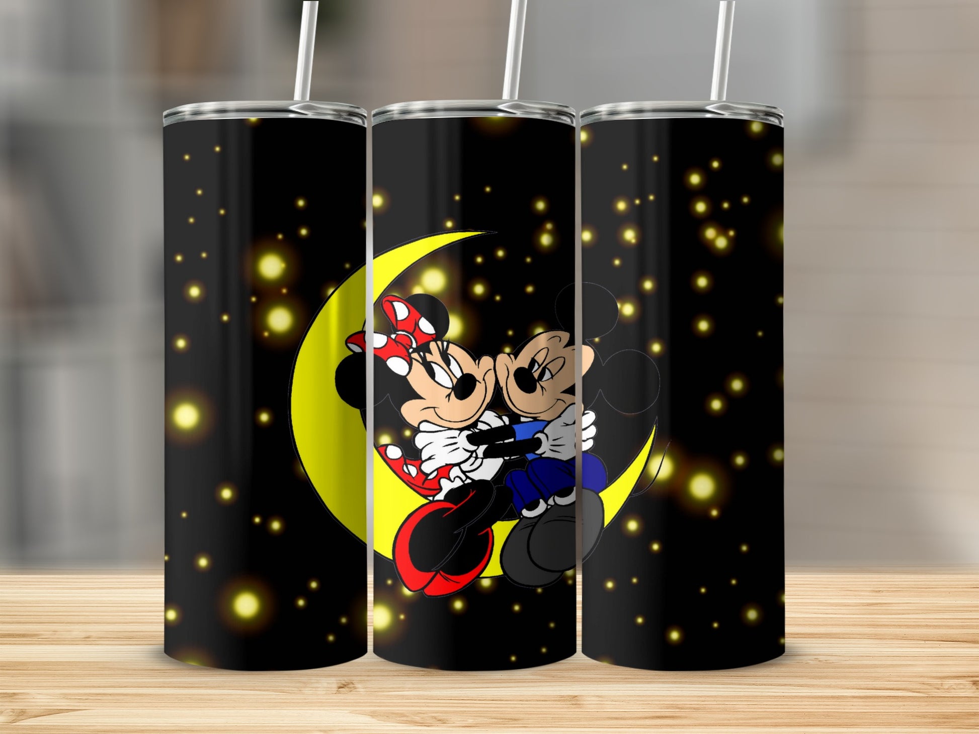 Cute Minnie and Mickey Mouse on Moon Print Tumbler