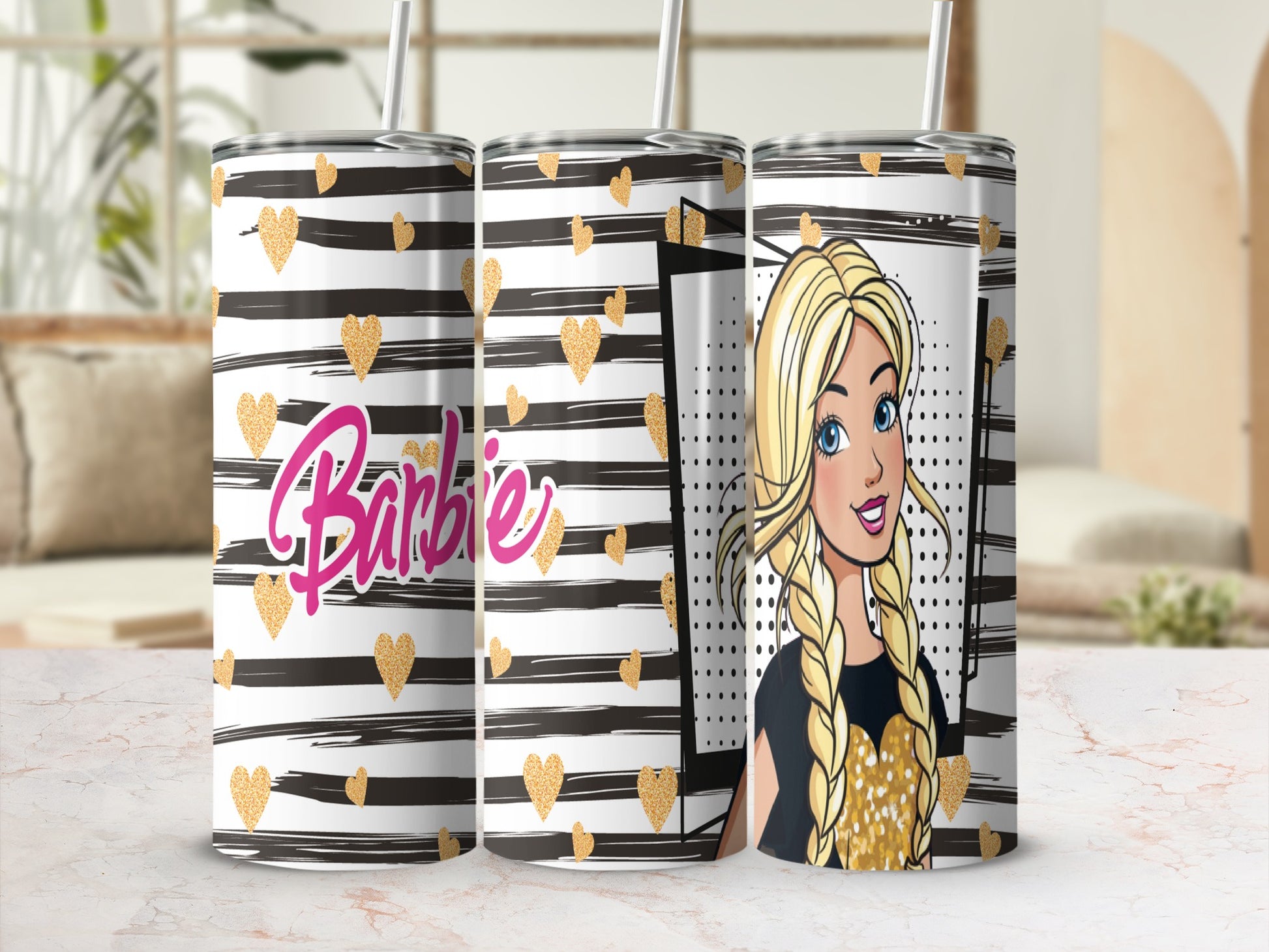 Barbie tumbler with black and white stripes and gold hearts.