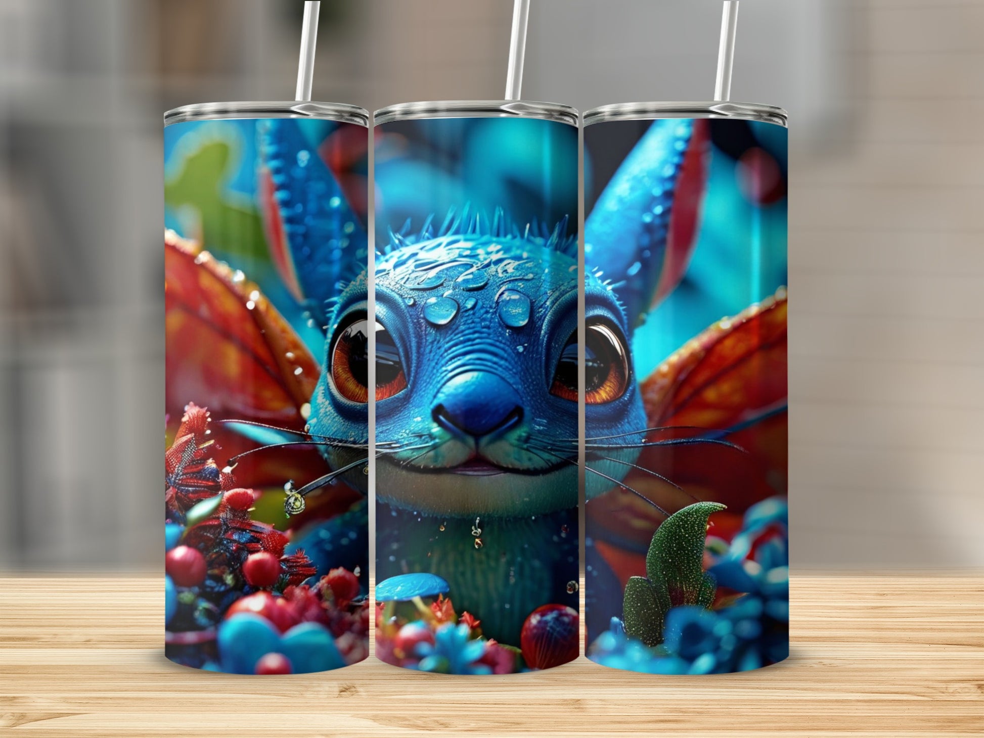 Blue creature with orange wings and colorful foliage, three tumblers.