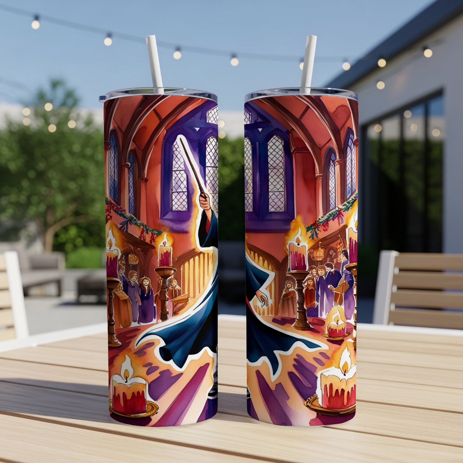 Two tall tumblers with Harry Potter scene, including Hogwarts hall and characters.