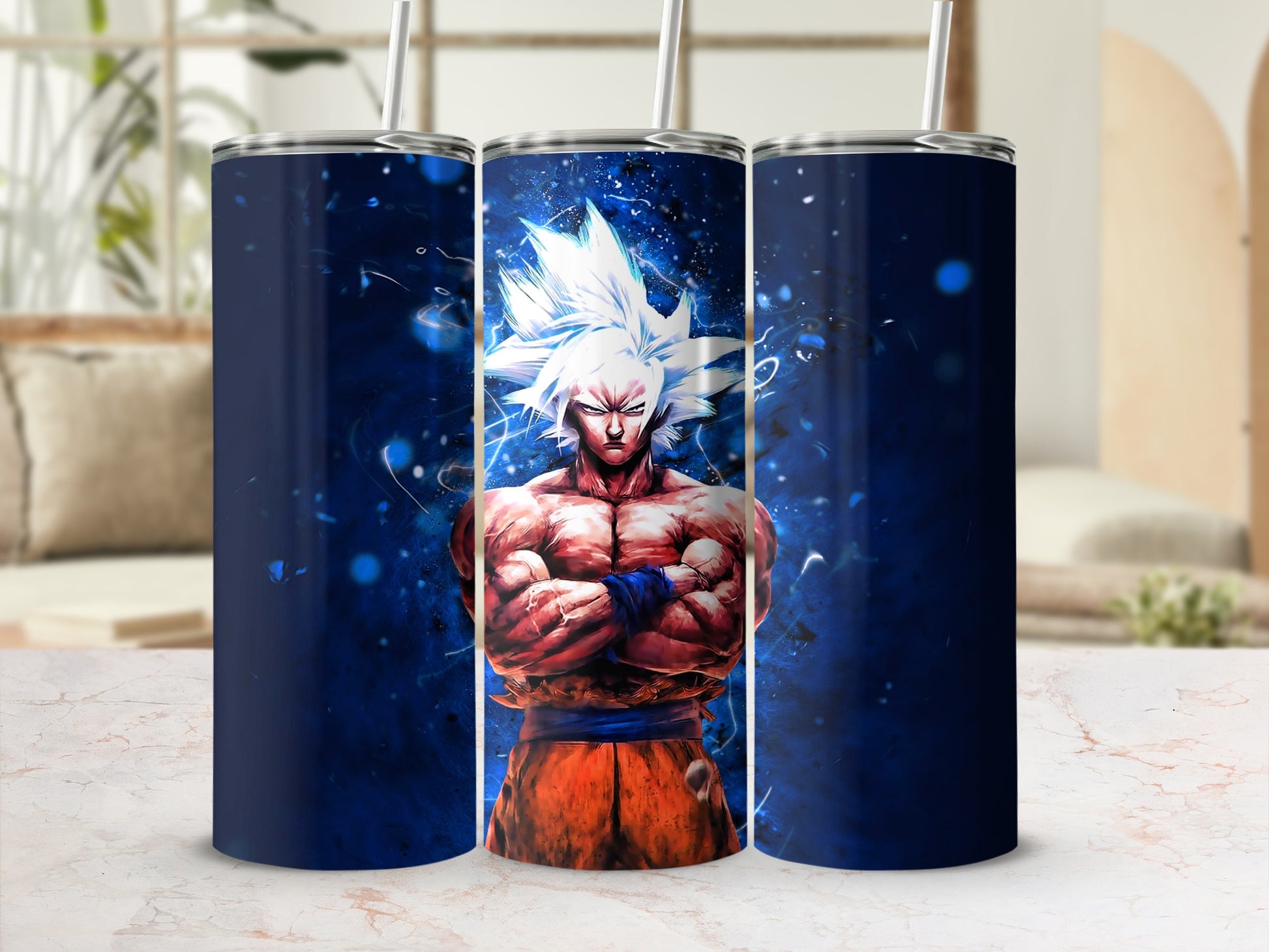 Goku from Dragon Ball Z with white spiky hair and crossed arms.