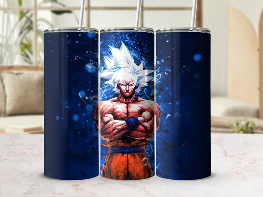 Goku from Dragon Ball Z with white spiky hair and crossed arms.