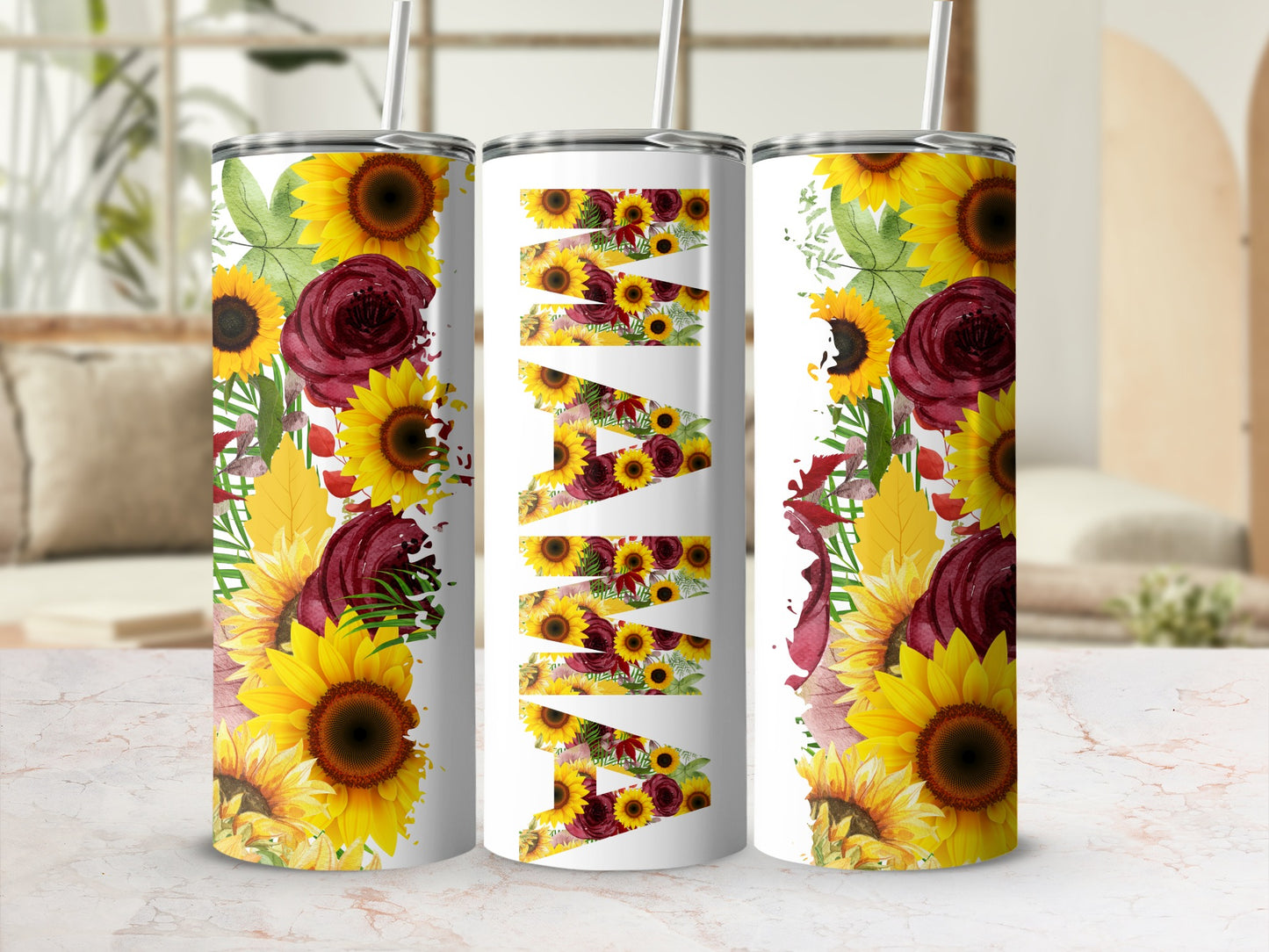 Floral Sunflower and Rose Design Tumbler Cup