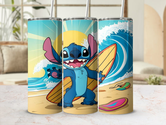 Stitch character surfing on a surfboard with waves and beach background.