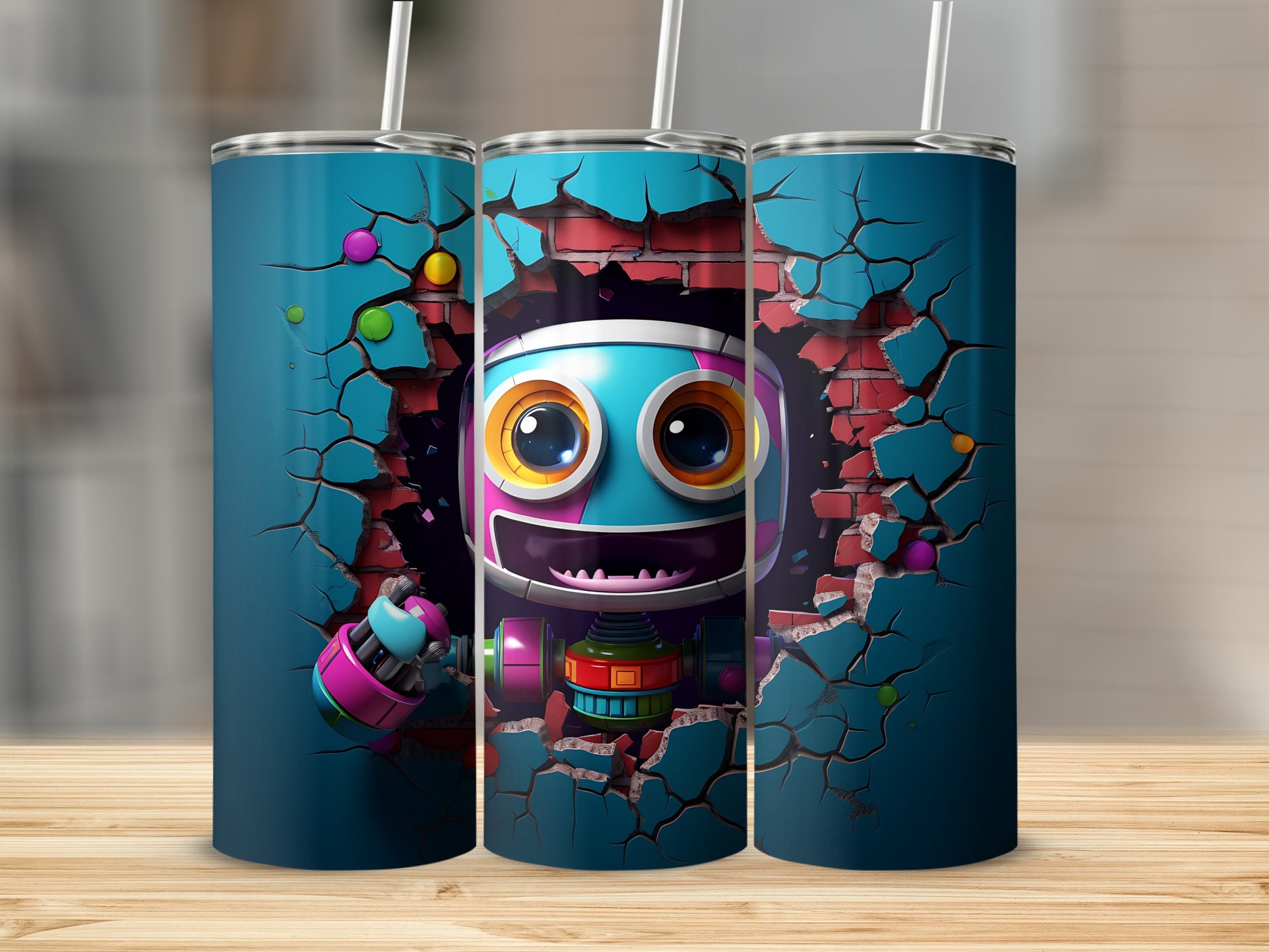 Vibrant Robot Breaking Through Wall Tumbler Design