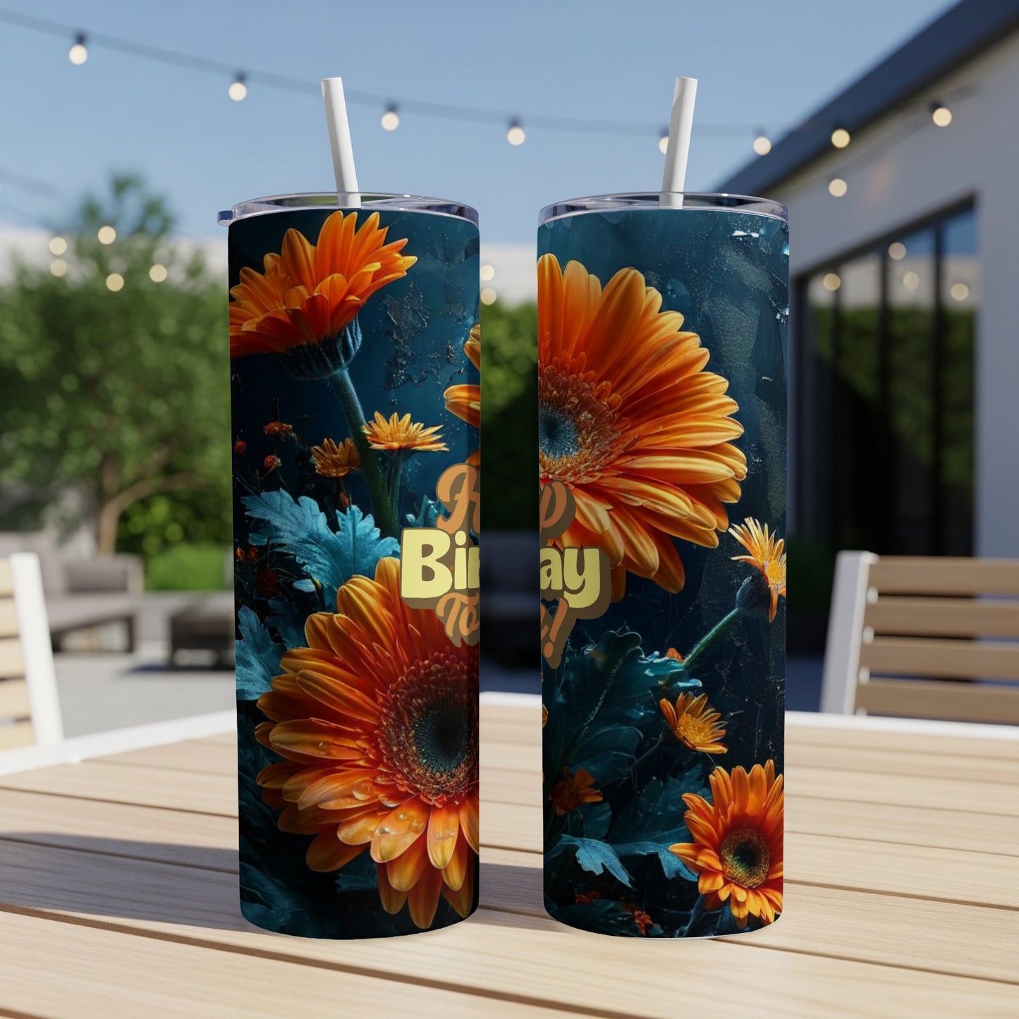 Two tumblers with orange gerbera daisies and "Happy Birthday" text.