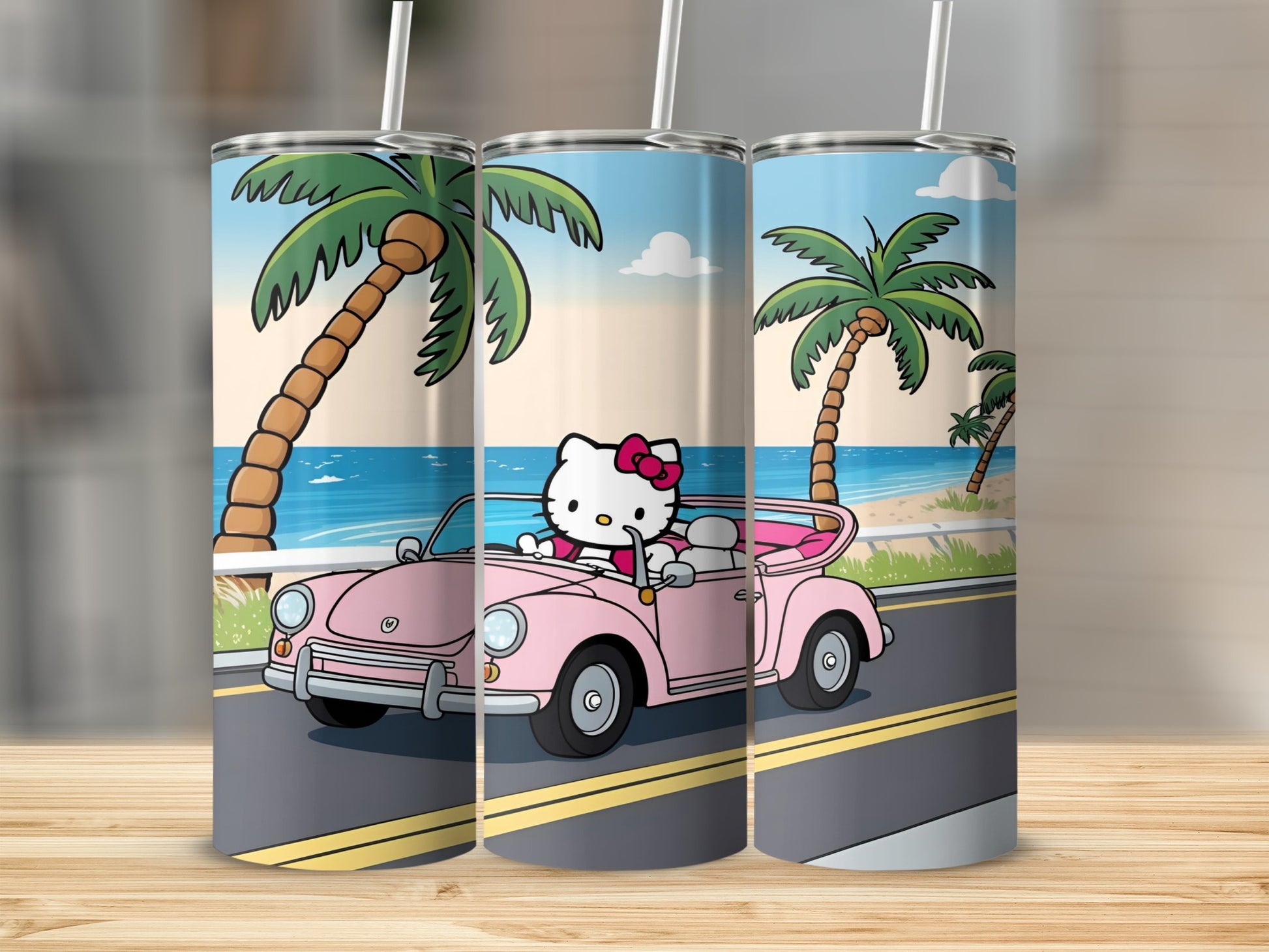 Hello Kitty driving a pink convertible on a beach road with palm trees.
