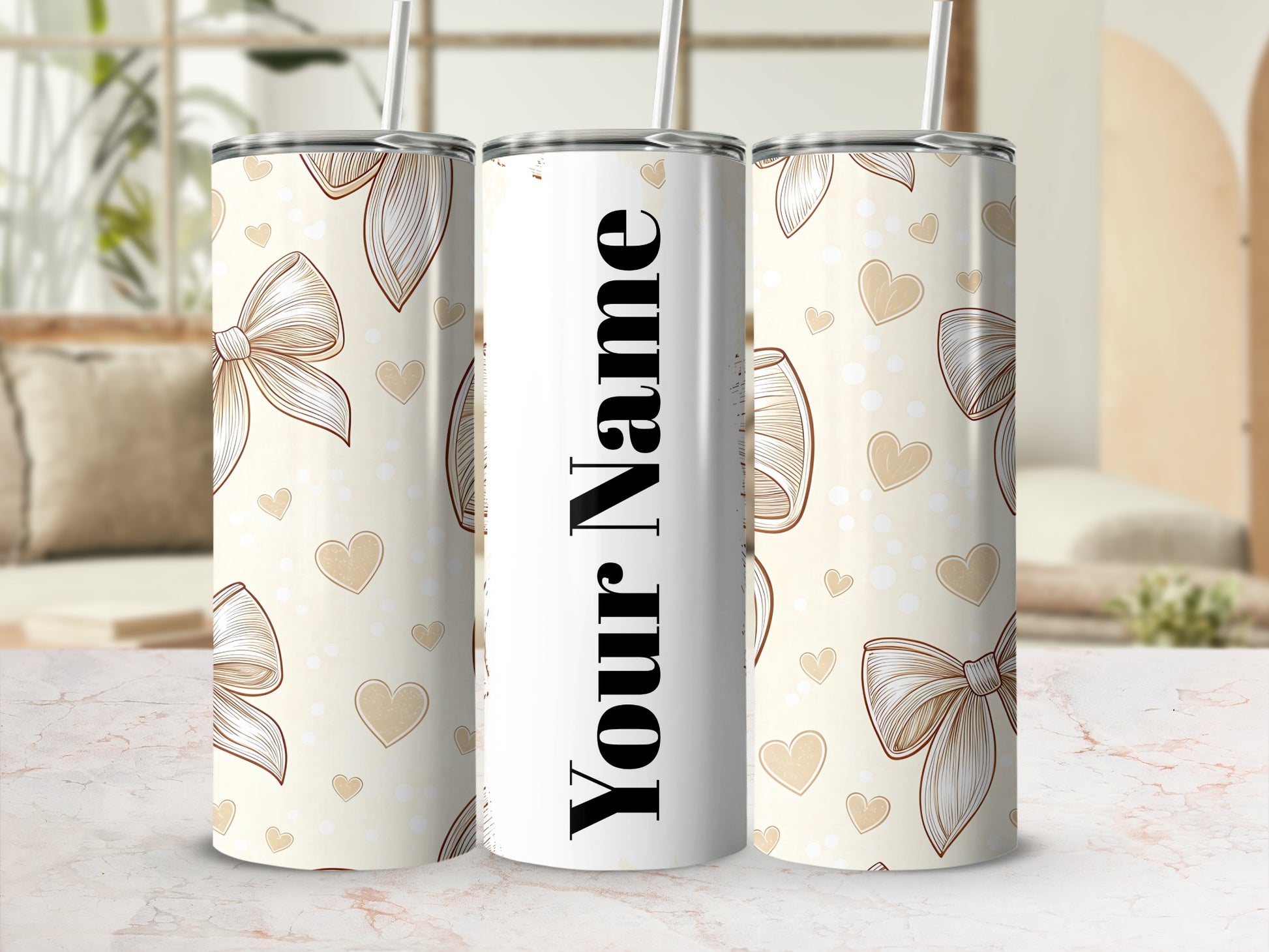 Personalized White Tumbler with Hearts and Bows Design