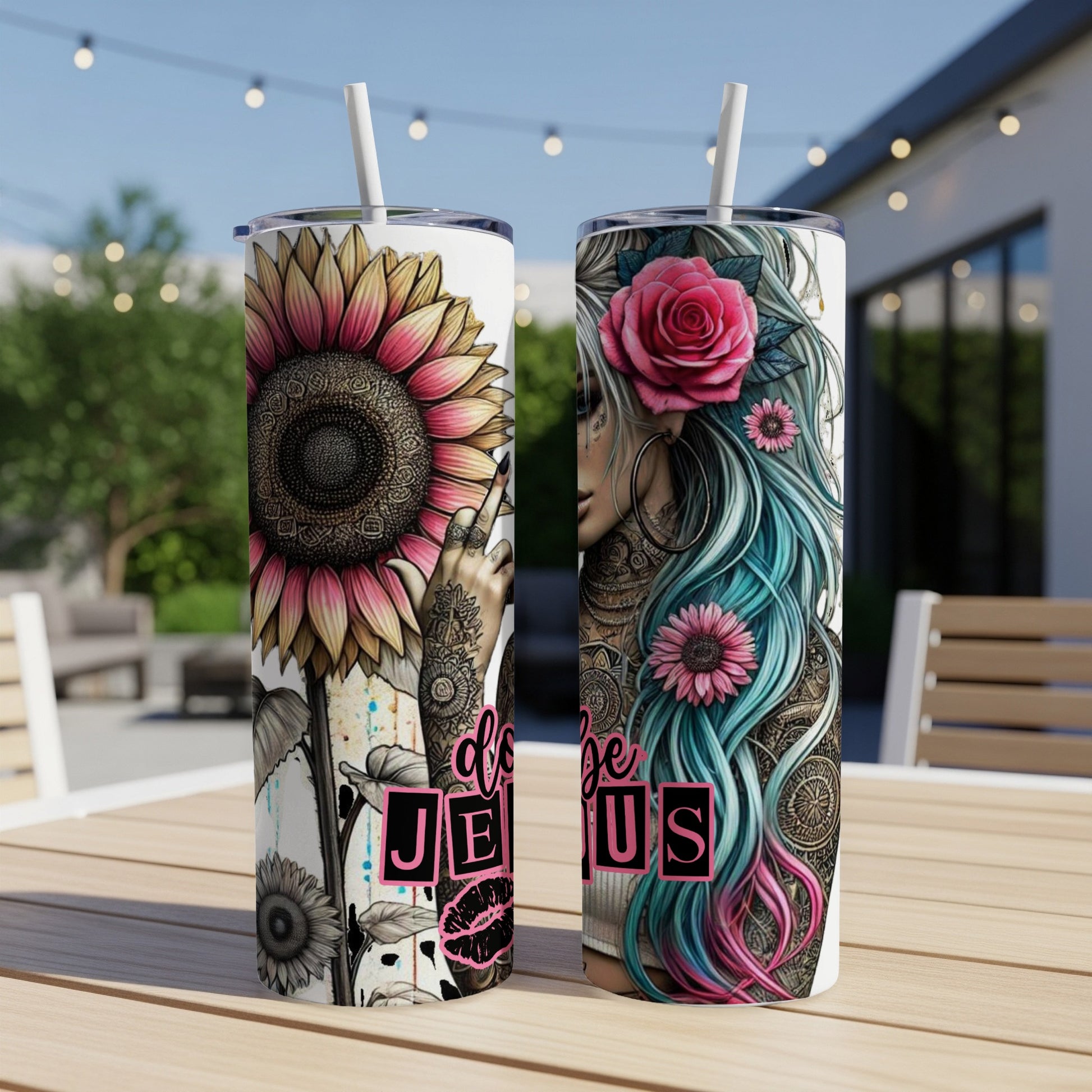 Two tumblers with sunflower, rose, and "dope Jesus" text.