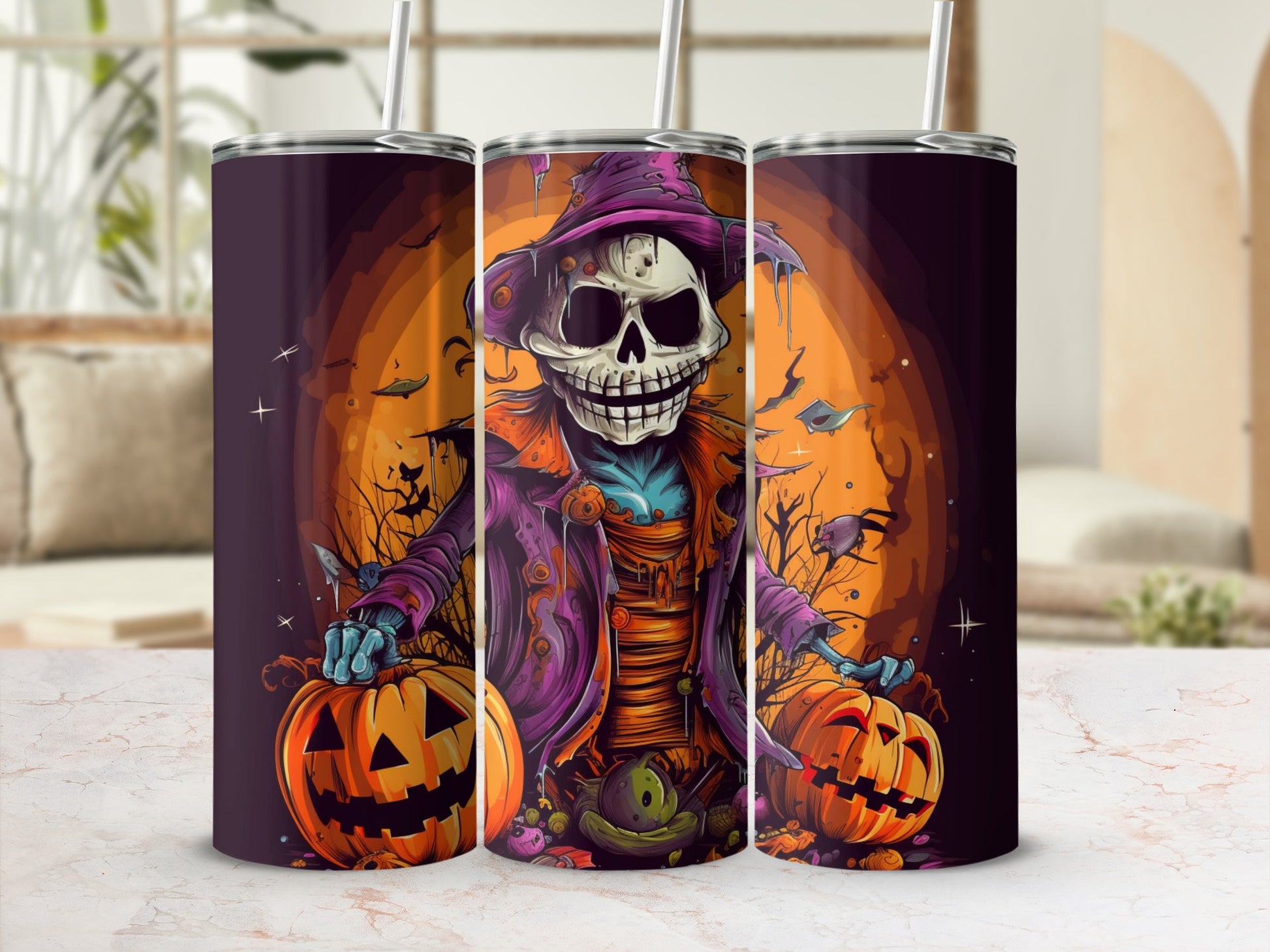 Halloween Skeleton and Pumpkins Design Tumbler with Straw