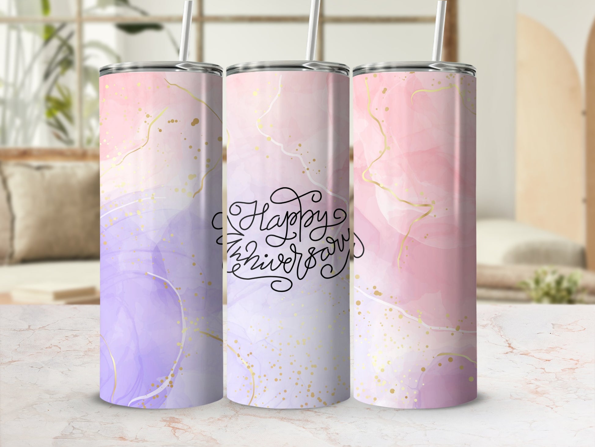 "Happy Anniversary" tumbler with watercolor marble design and gold glitter.