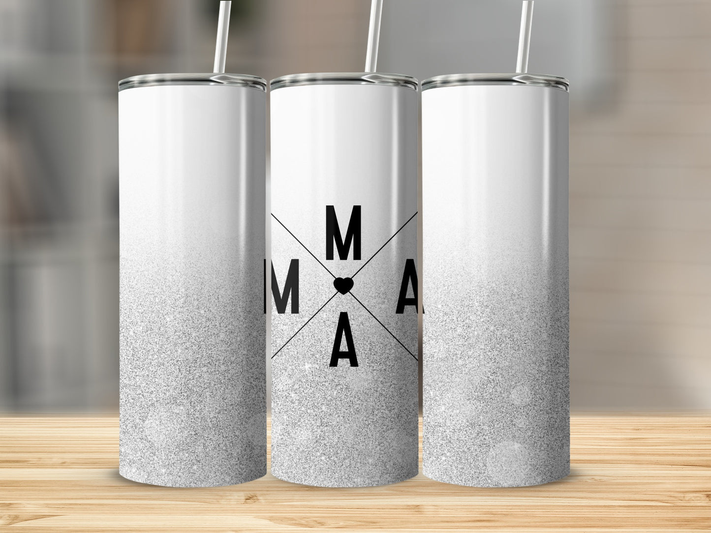 Three silver glitter tumblers with "MAMA" in black text.