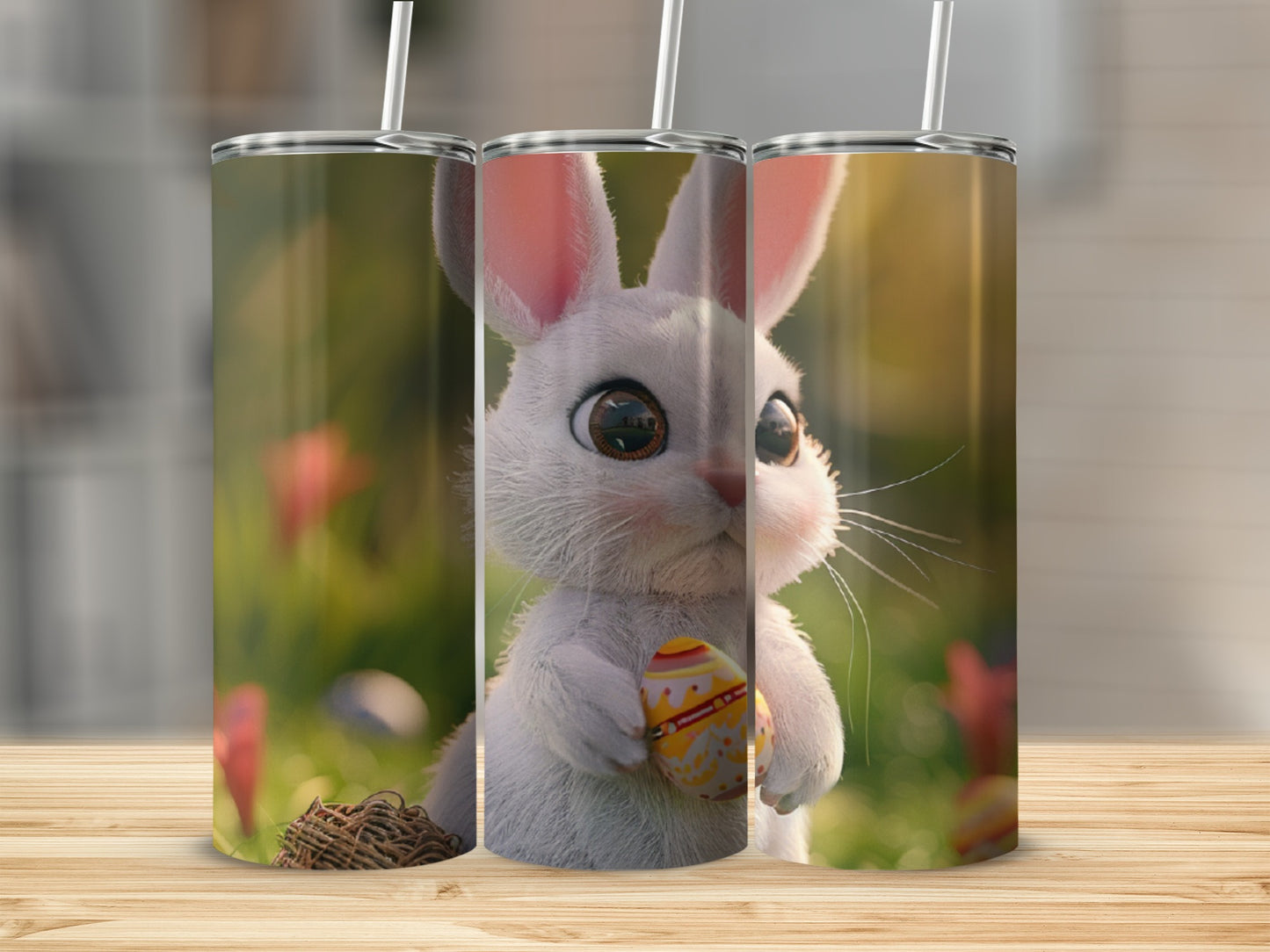 White bunny with large eyes holding a decorated egg on a blurred grassy background.