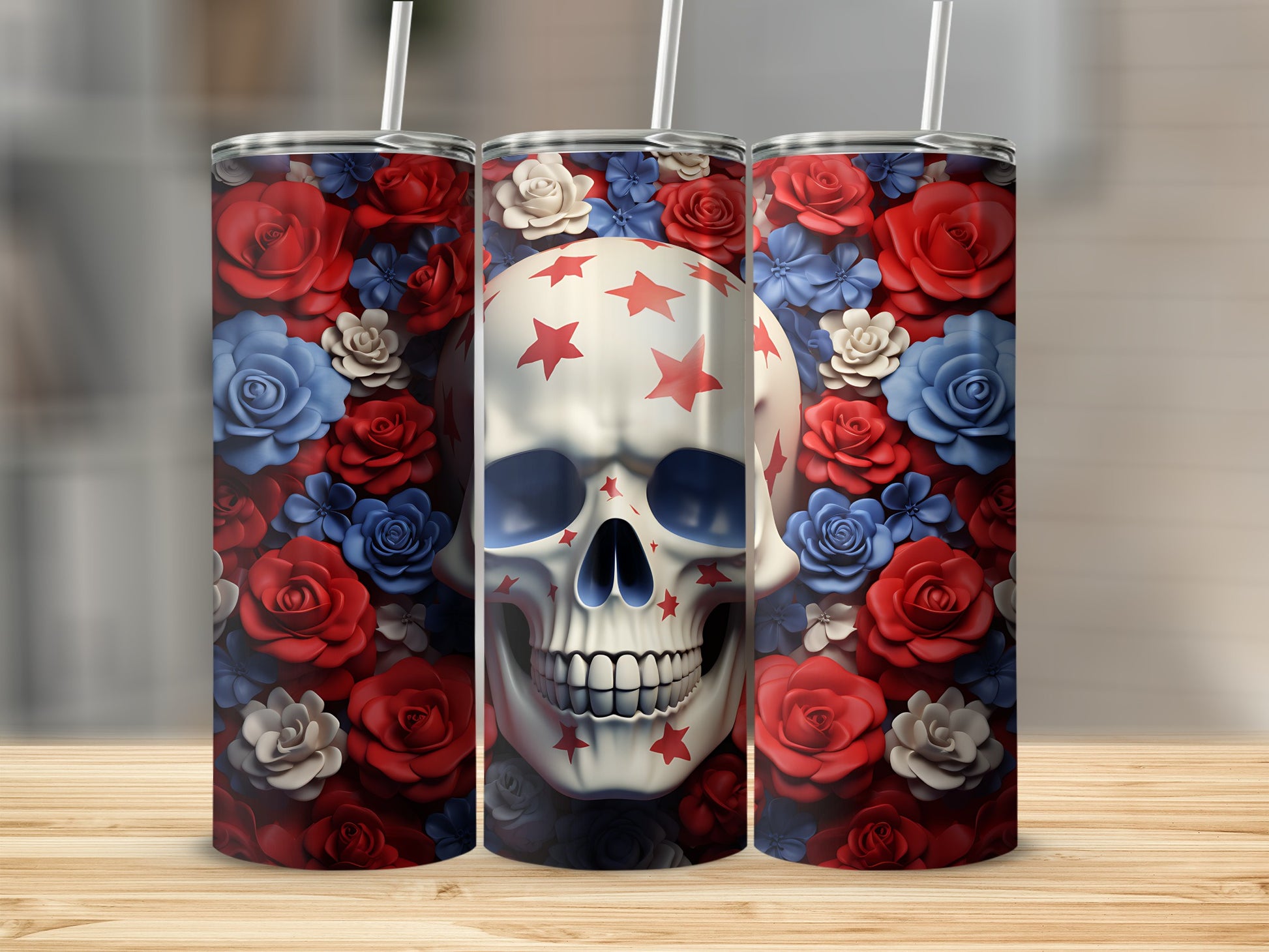 Skull with red stars on forehead, surrounded by red and blue flowers.