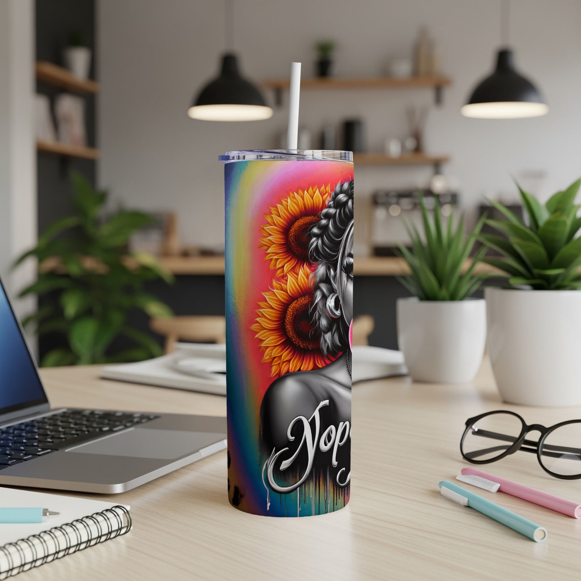 Colorful tumbler with woman's silhouette, sunflowers, and "Nope" text.