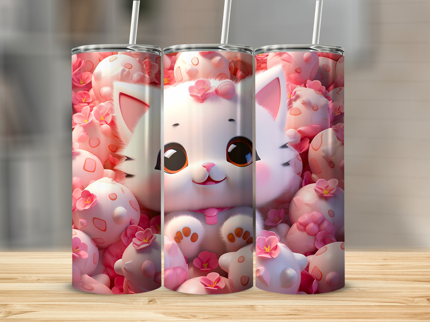 Adorable White Cat Pink Flowers Design Tumbler product type