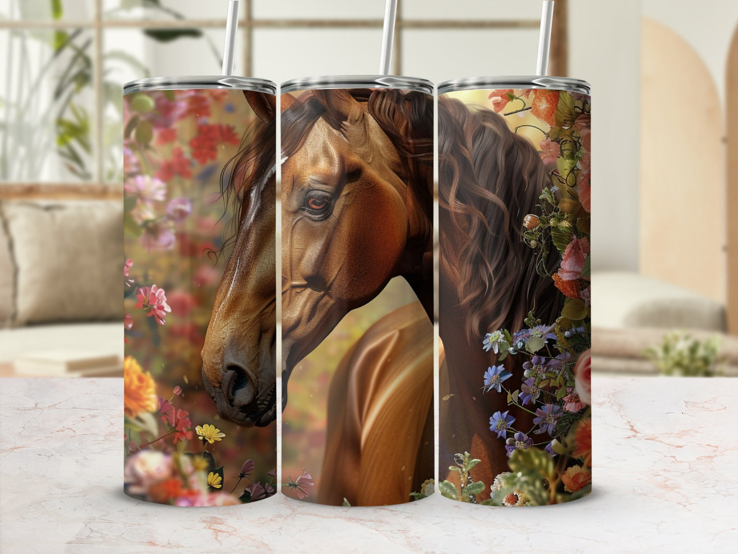 Horse portrait surrounded by colorful flowers and nature elements.