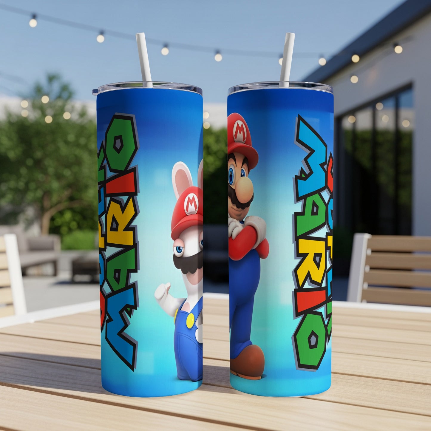 Mario and a Rabbid character on a blue tumbler with a straw.