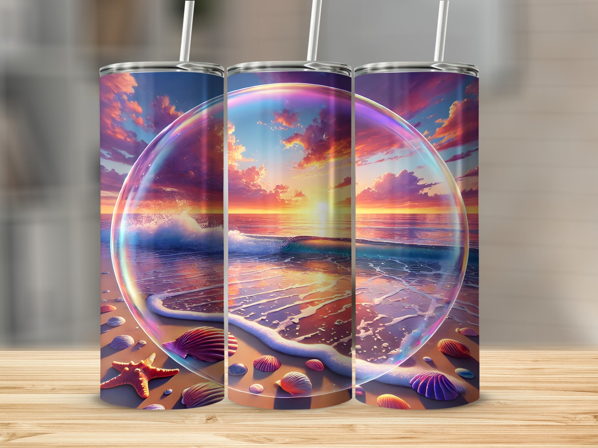 Three tumblers with a beach sunset scene featuring a bubble.