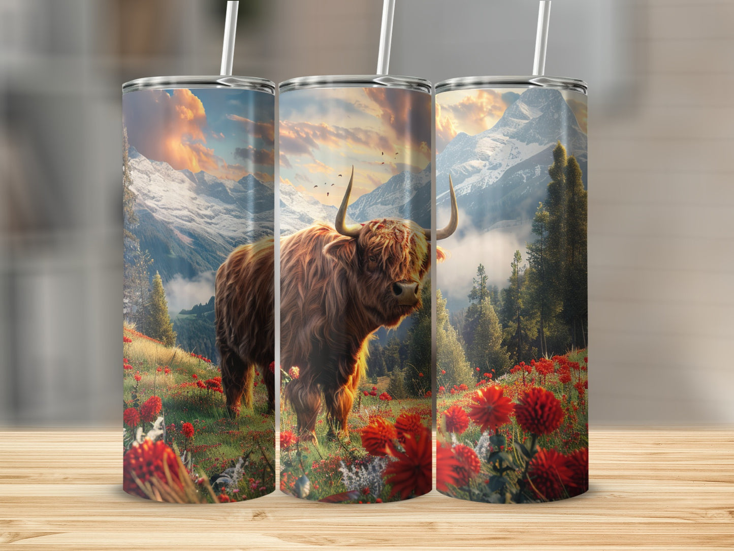 Highland cow in mountain meadow with red flowers.