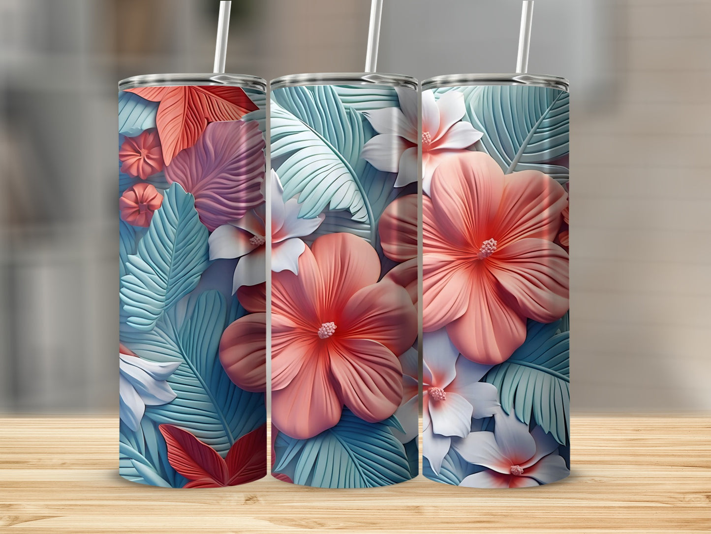 Tropical Floral Design Tumbler With Leaves and Flowers