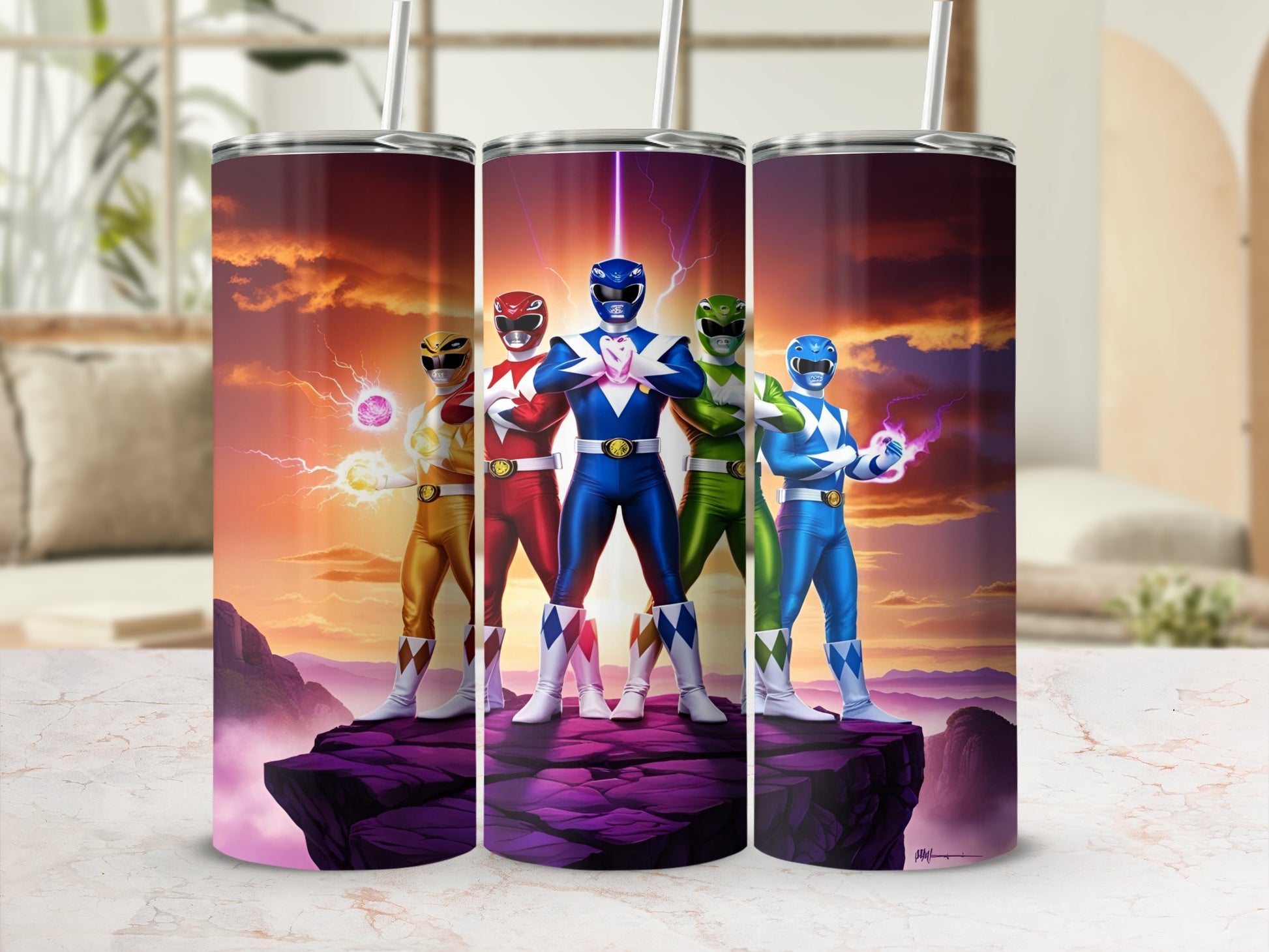 Five Power Rangers in a line, standing on rocky terrain.