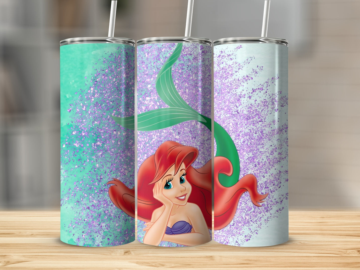 Glittery Mermaid Design Tumbler with Straw 20oz