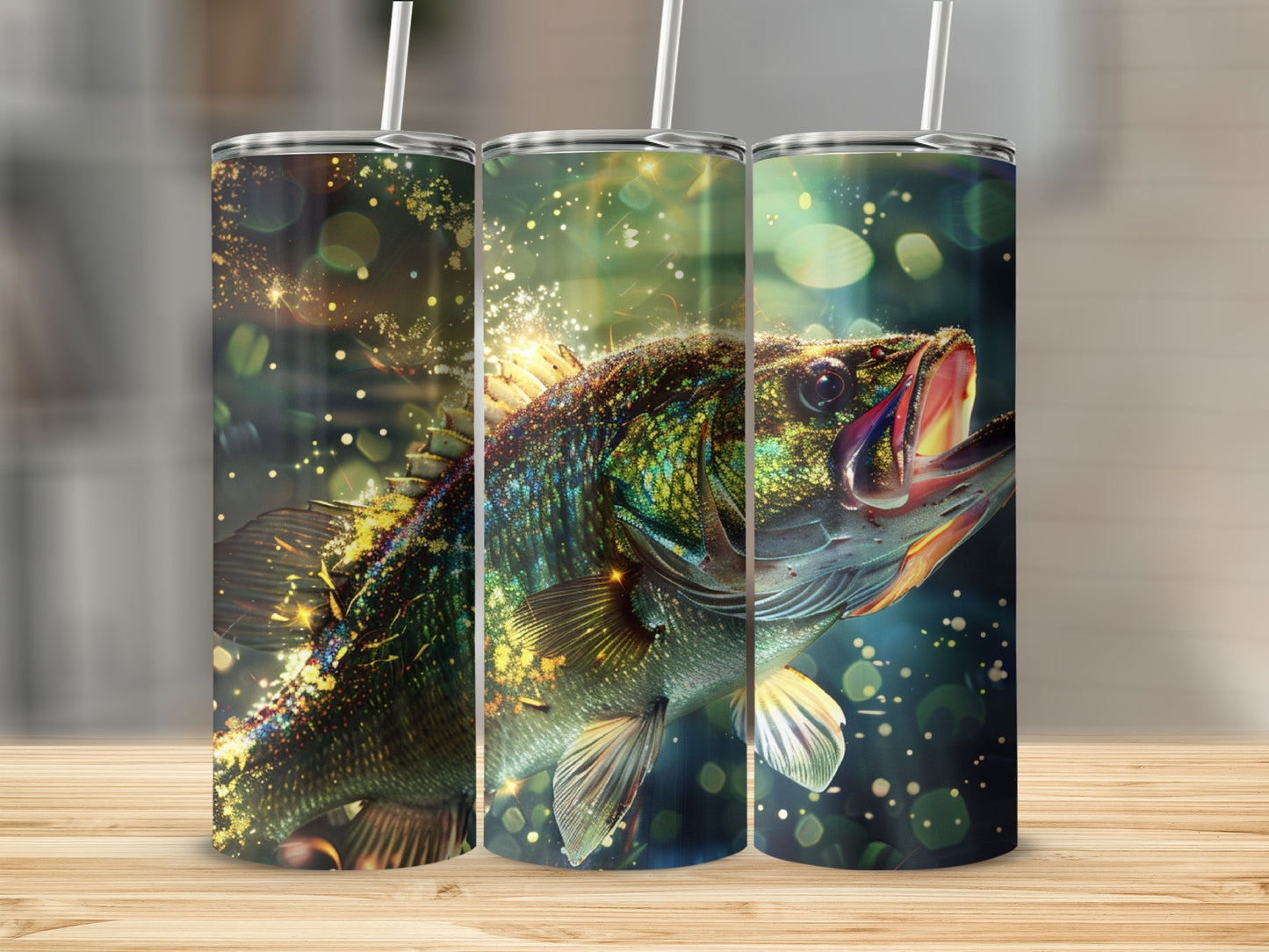 Three tumblers featuring a colorful, shimmering bass fish with glitter and bokeh.
