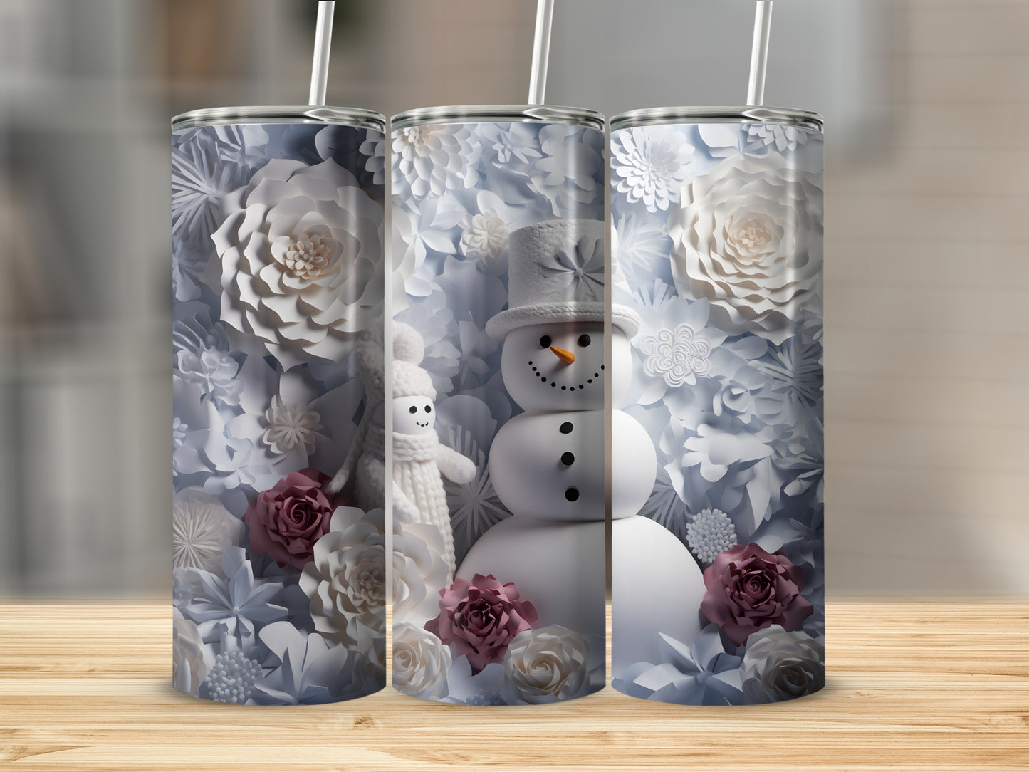 Snowman and Flowers Patterned Insulated Tumbler