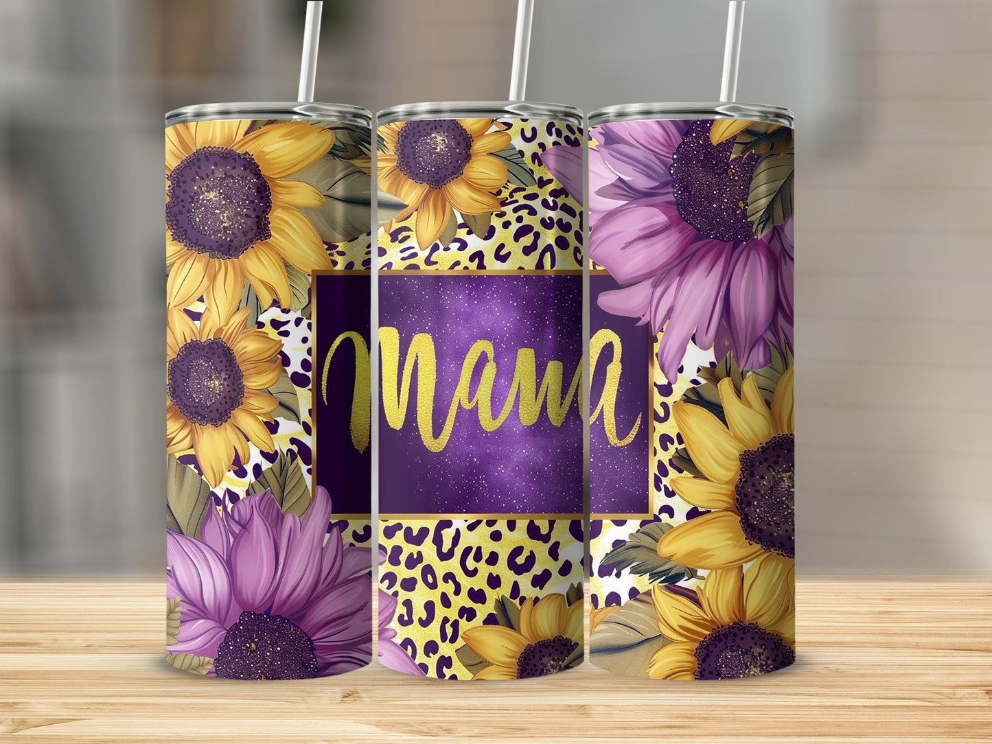 Purple and Yellow Floral Mama Leopard Print Tumbler