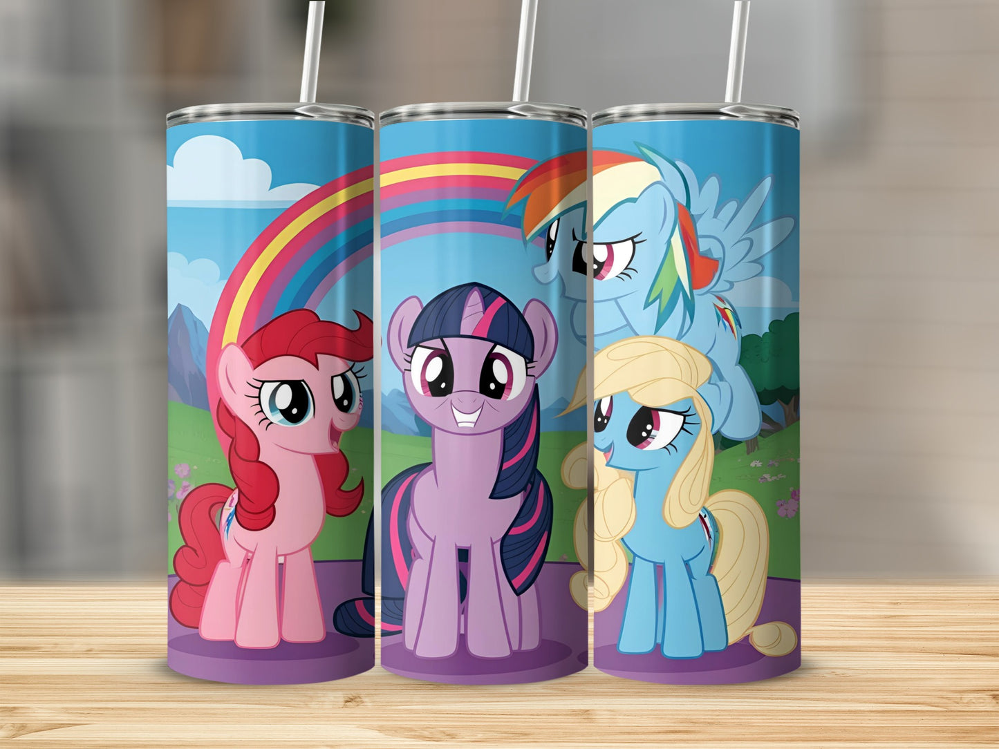 My Little Pony characters Pinkie Pie, Twilight Sparkle, and Rainbow Dash with rainbow background.