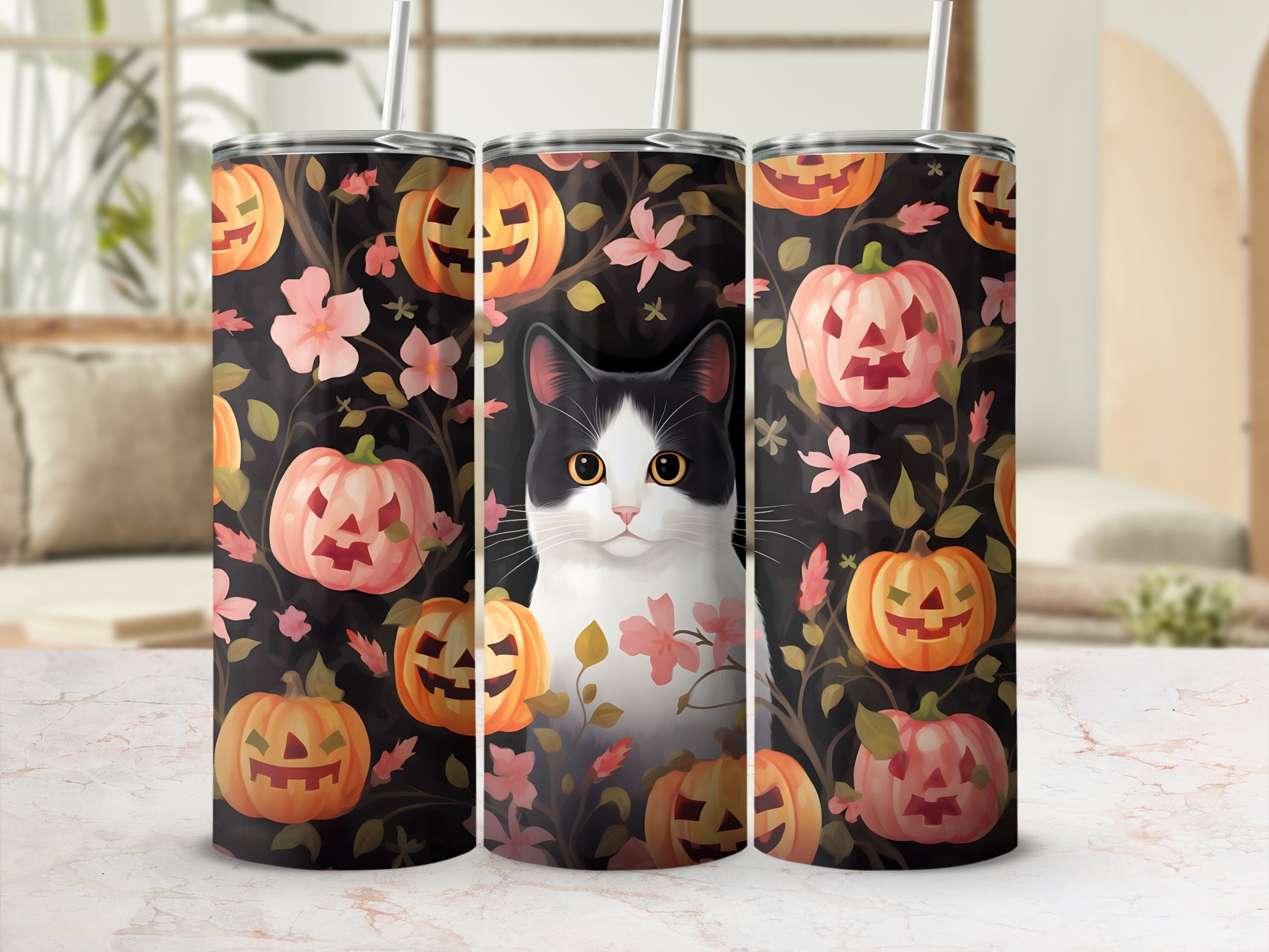 Black and white cat with jack-o'-lanterns and pink flowers on a tumbler.