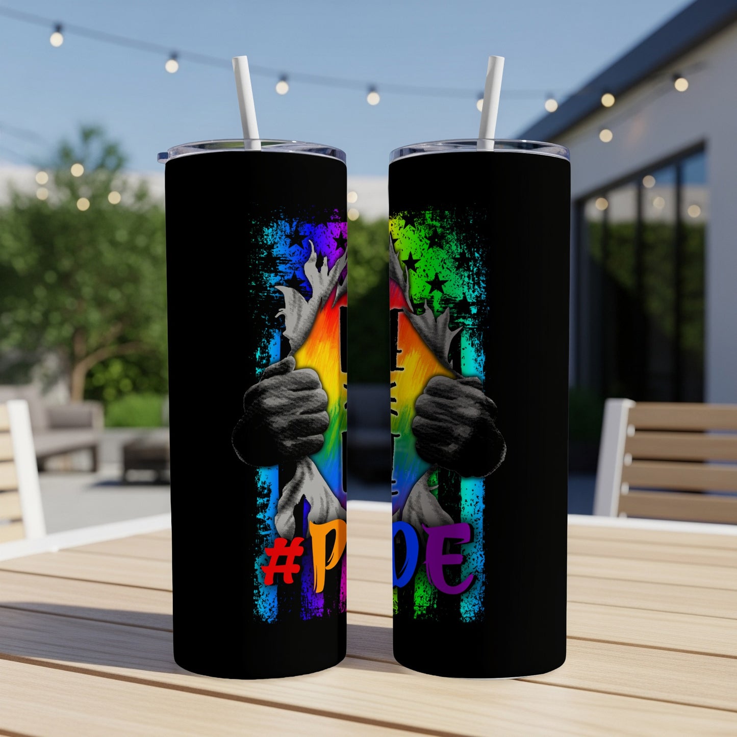 Black tumbler with ripped design revealing rainbow colors and #Pride hashtag.