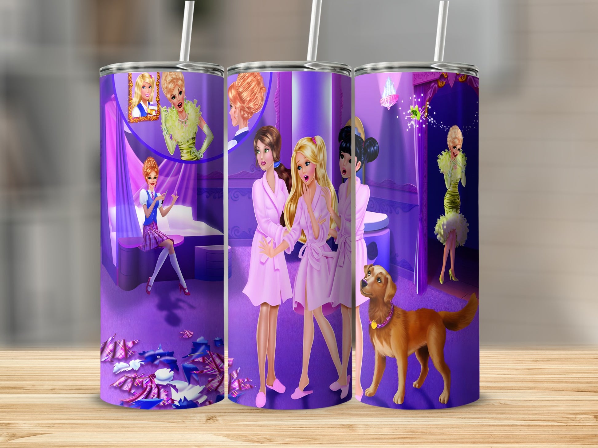 Barbie dolls in pink robes with a golden retriever in a spa setting.