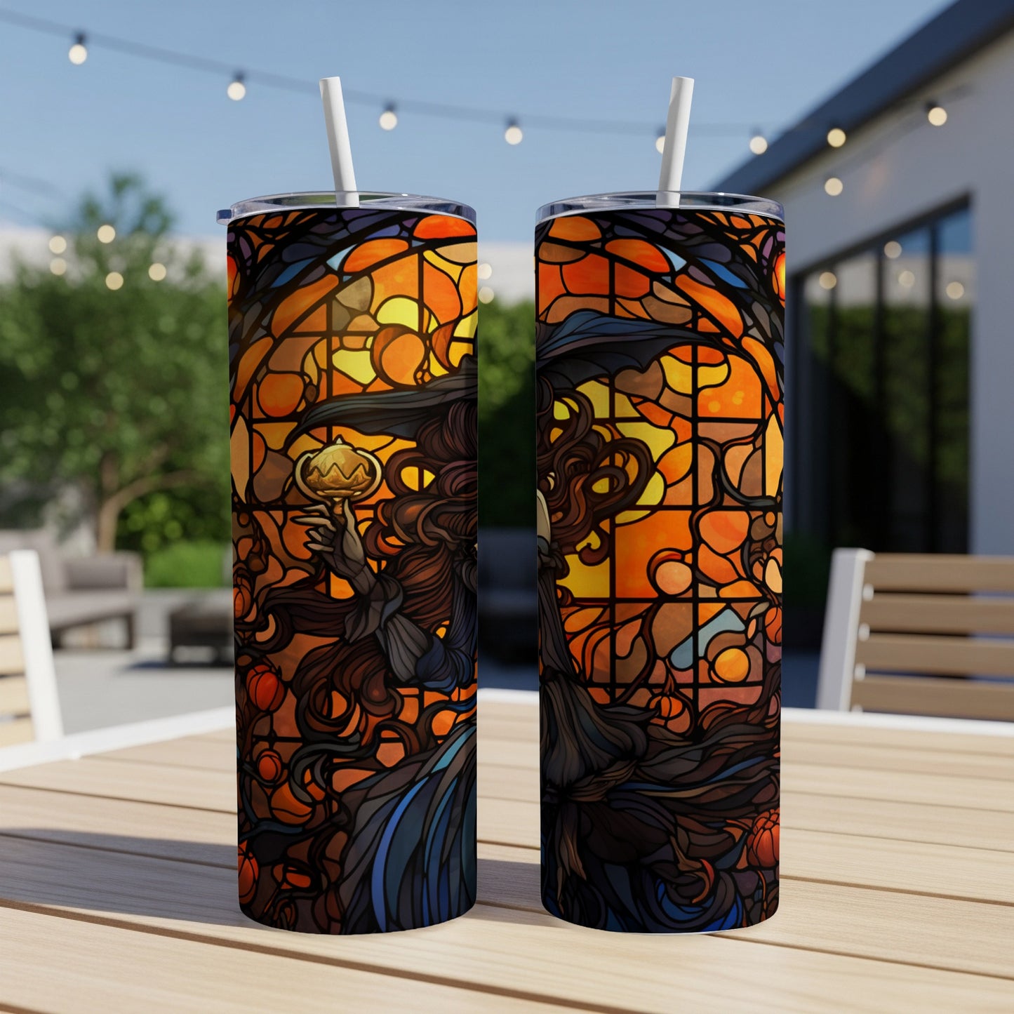 Stained glass witch with pumpkin on Halloween tumbler.