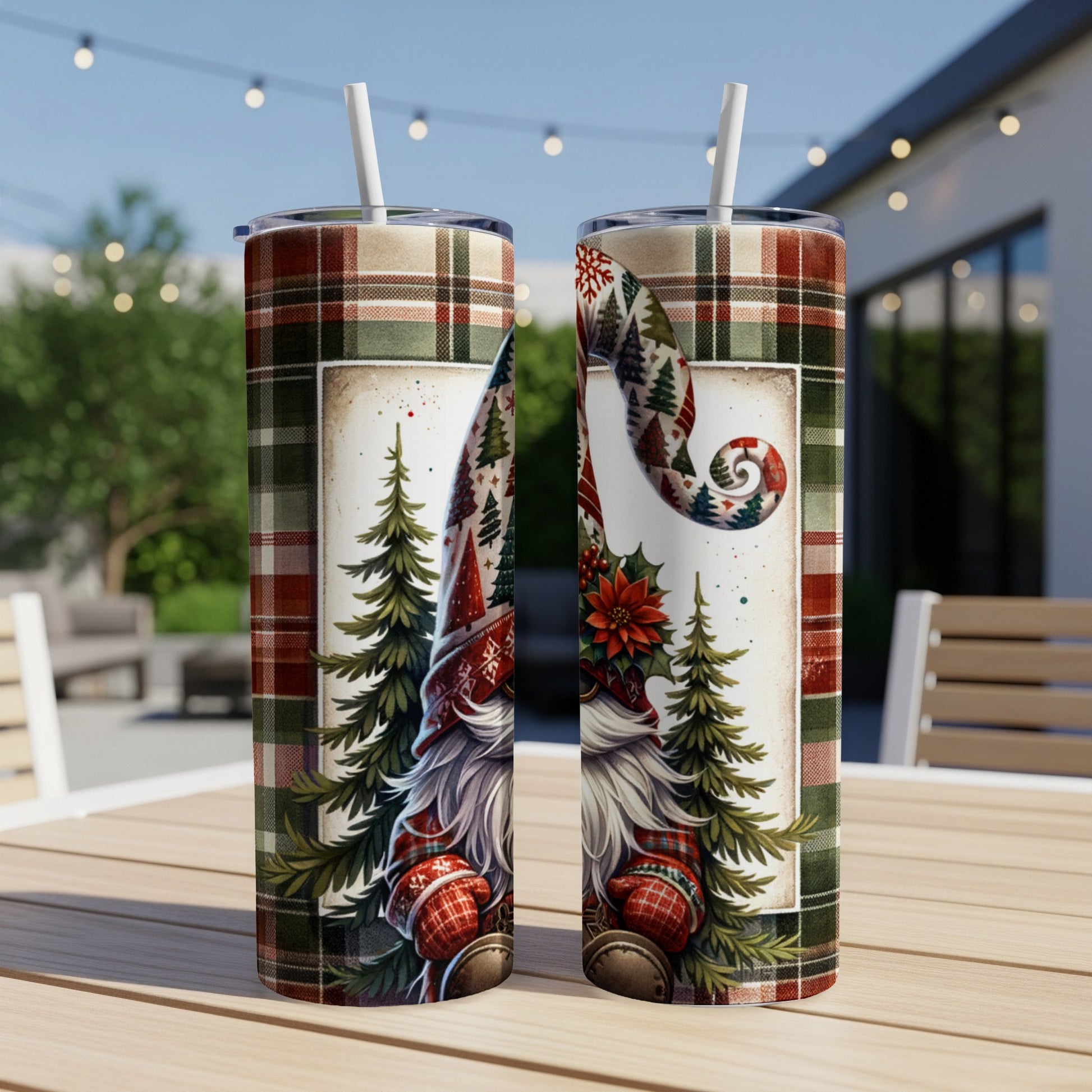Two tumblers with a Christmas gnome and plaid pattern.