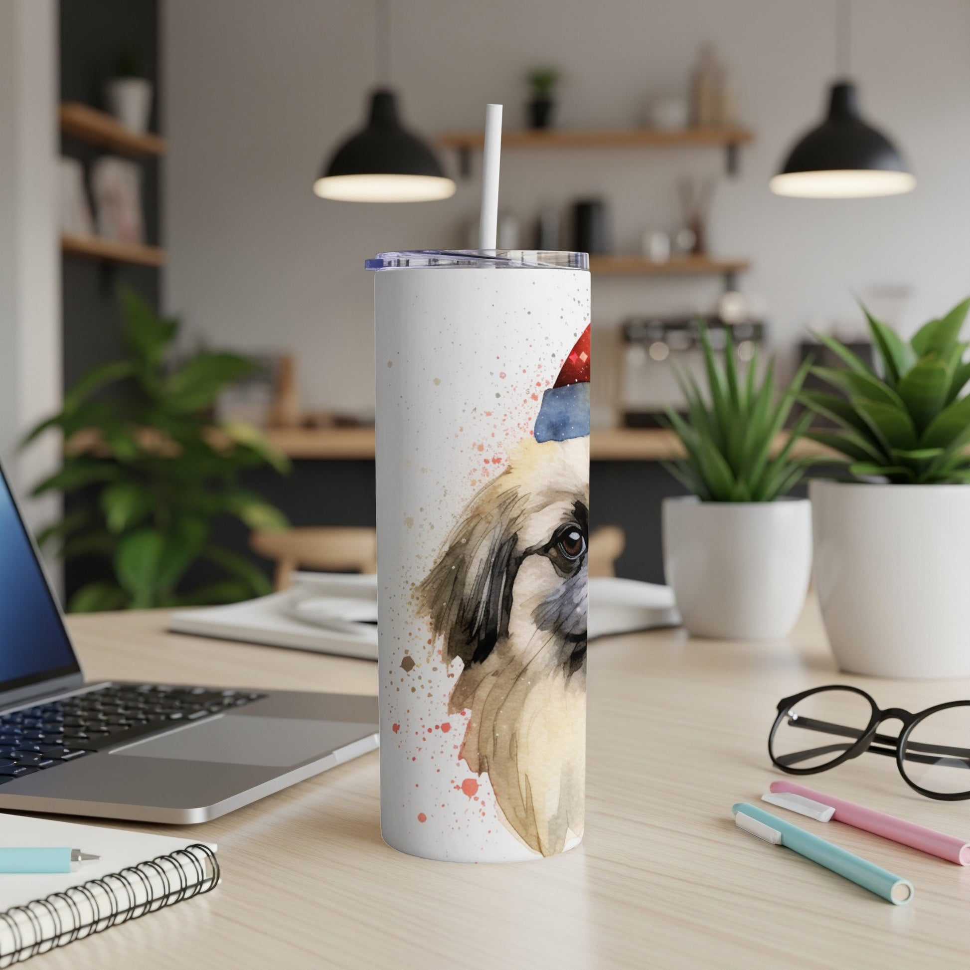 Watercolor Pekingese dog with Santa hat on a white tumbler cup.