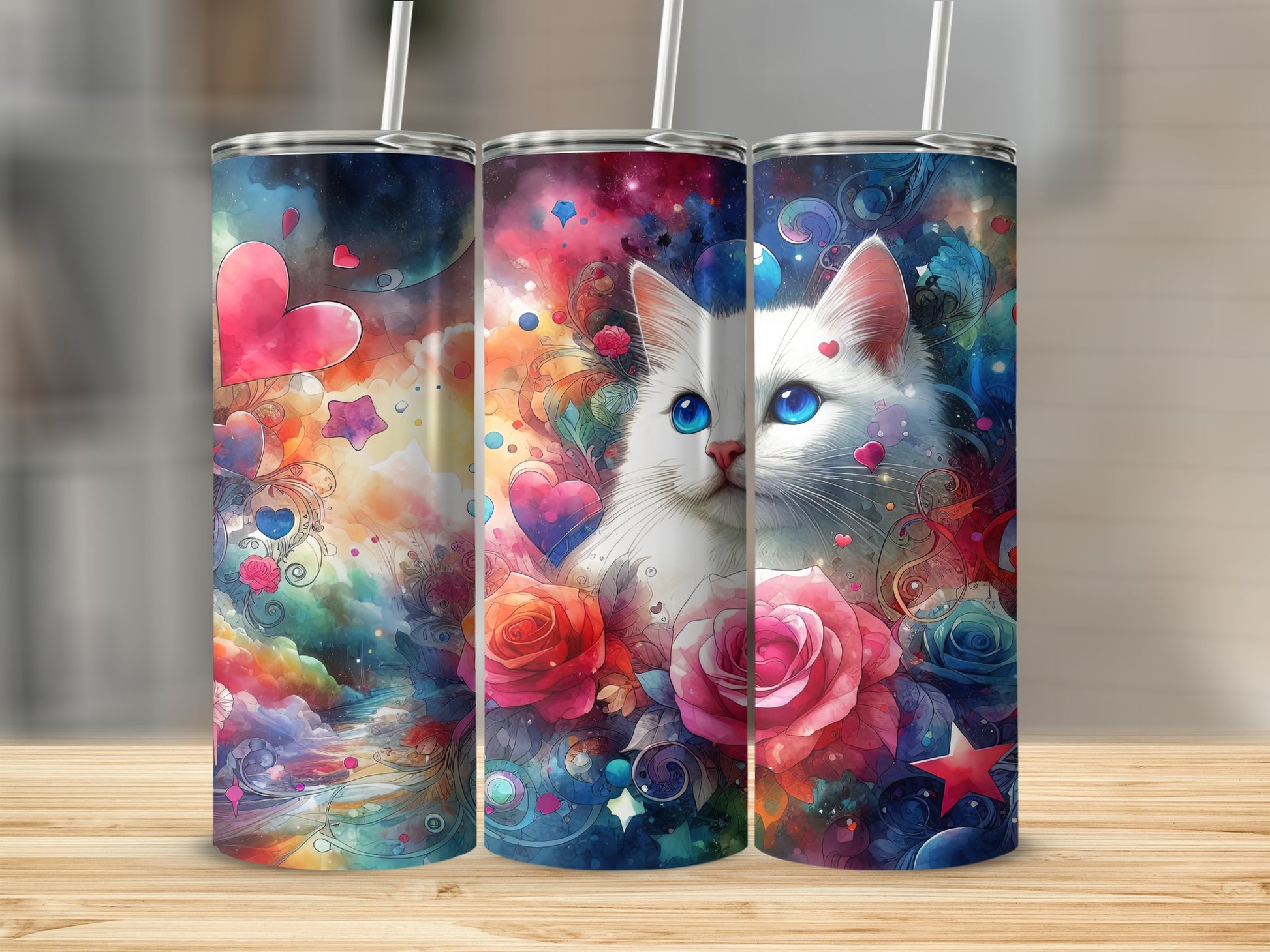 White cat with bright blue eyes surrounded by colorful flowers, hearts, and stars.