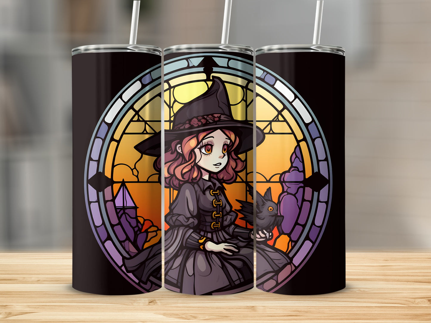 Witch with owl in stained glass window design on black tumbler.