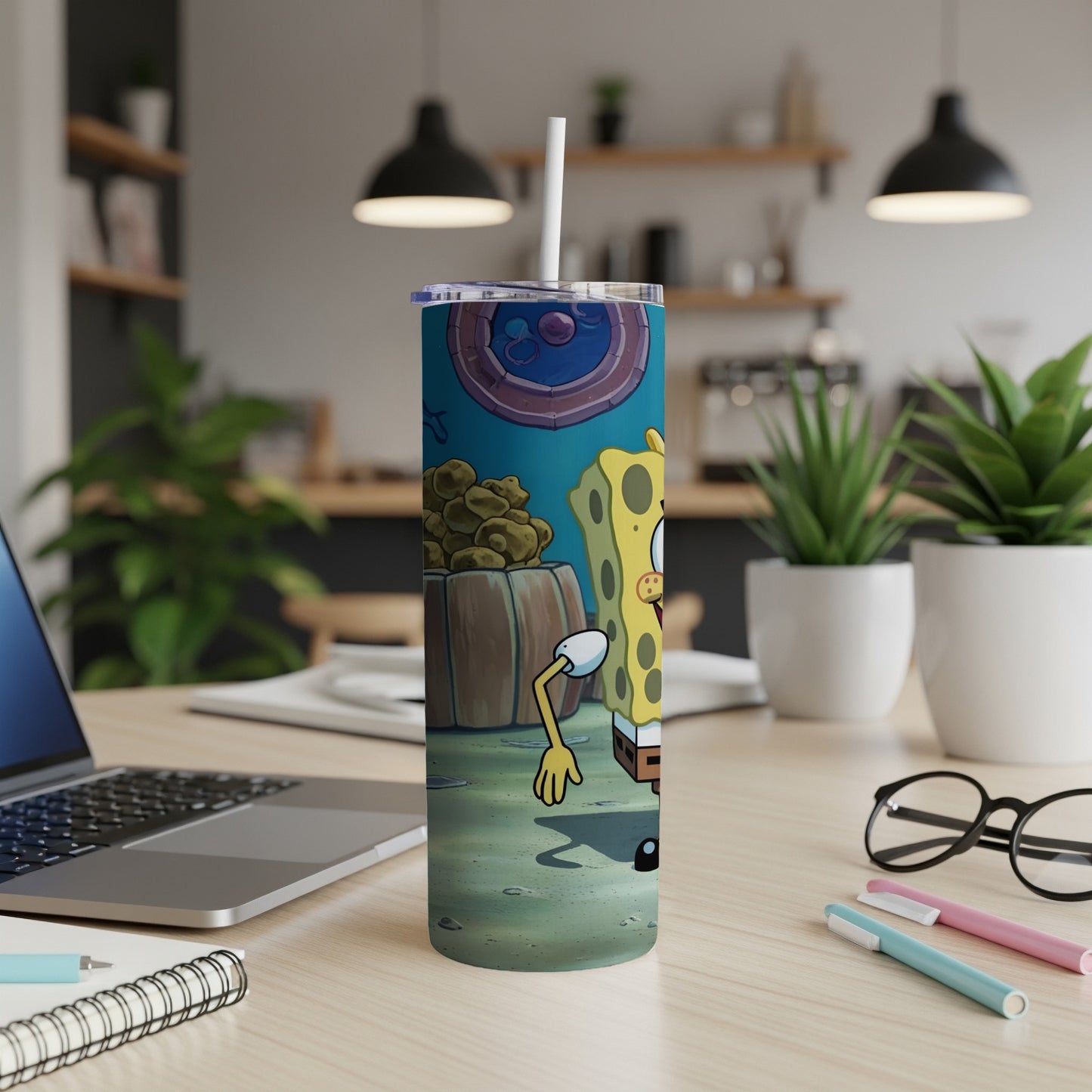 SpongeBob SquarePants on a tumbler, standing next to a barrel in a cartoon style.