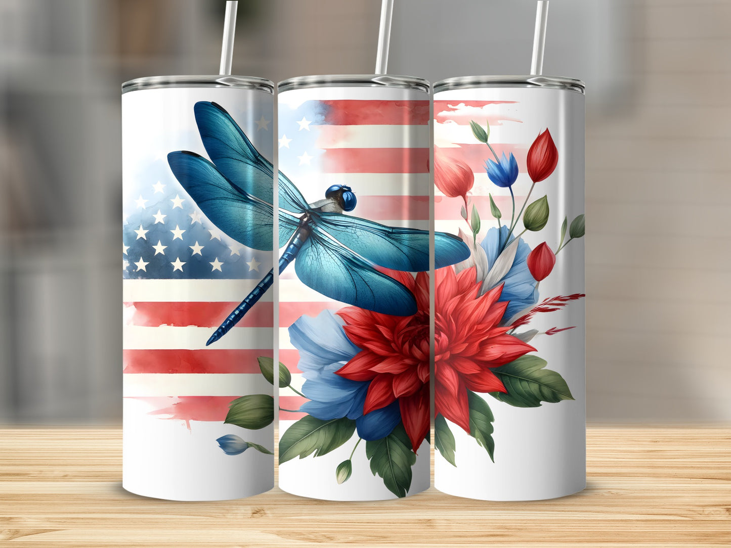 Dragonfly and flowers with American flag pattern on a skinny tumbler.