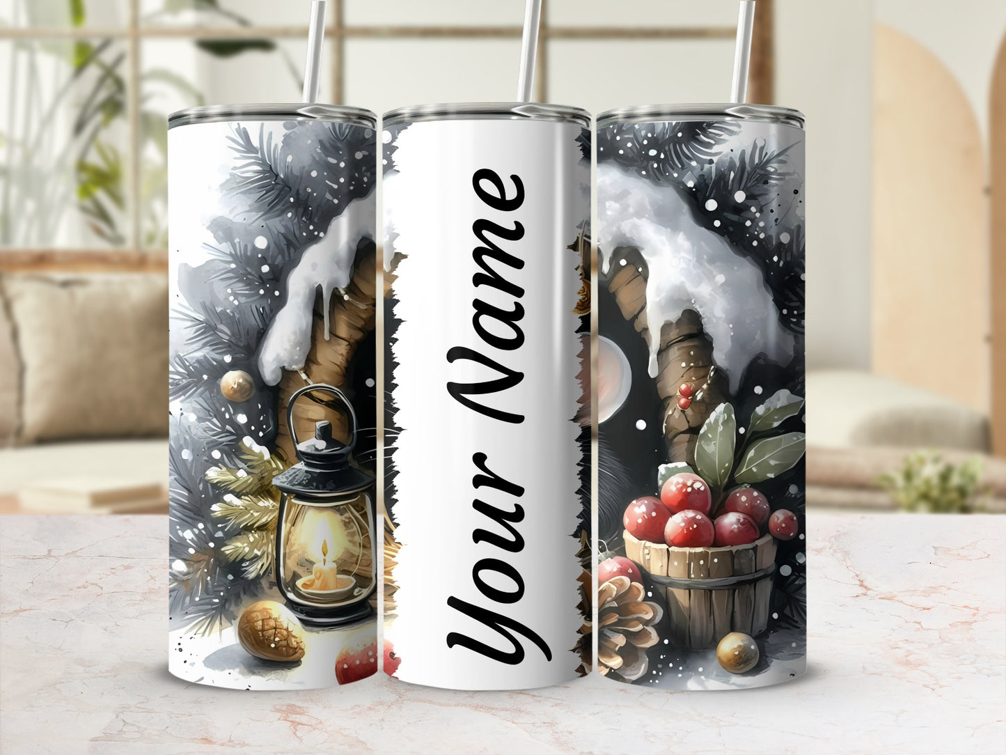 Personalized Christmas Lantern and Pine Tumbler Design