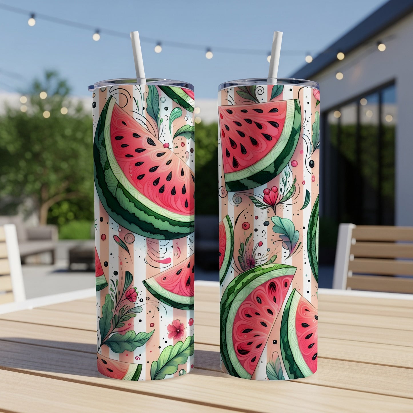 Two tumblers with a watermelon and floral design, on a table.