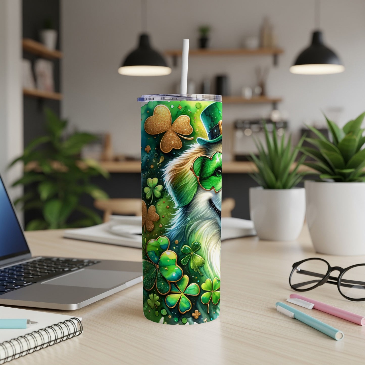 Shamrock-covered tumbler with a dog wearing sunglasses and a leprechaun hat.