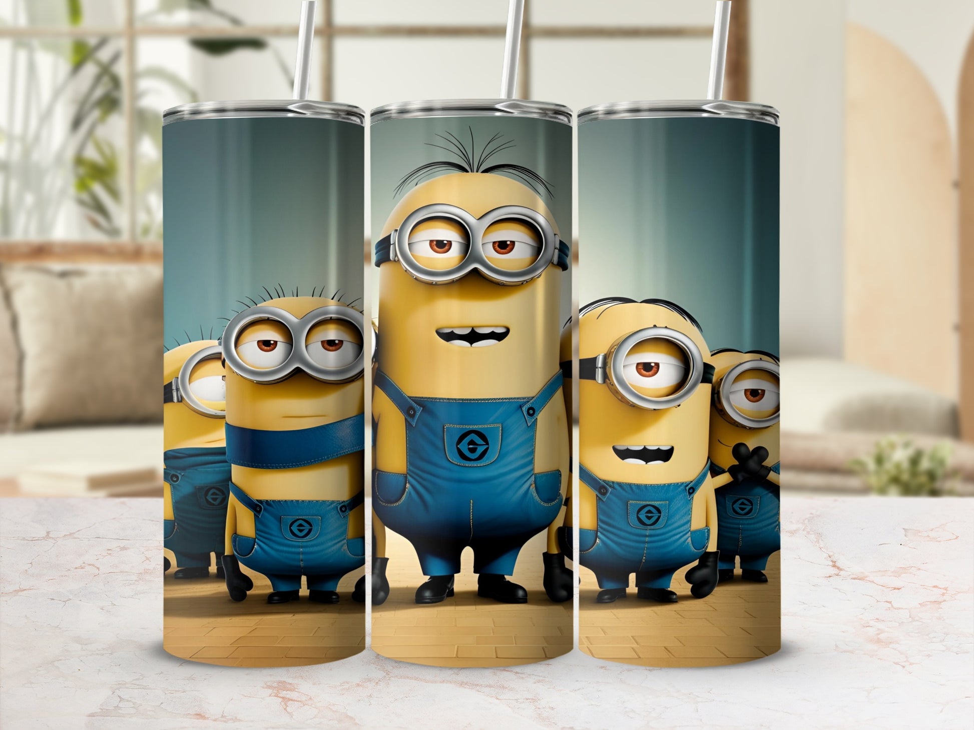 Minions in blue overalls with goggles stand together on a white surface.