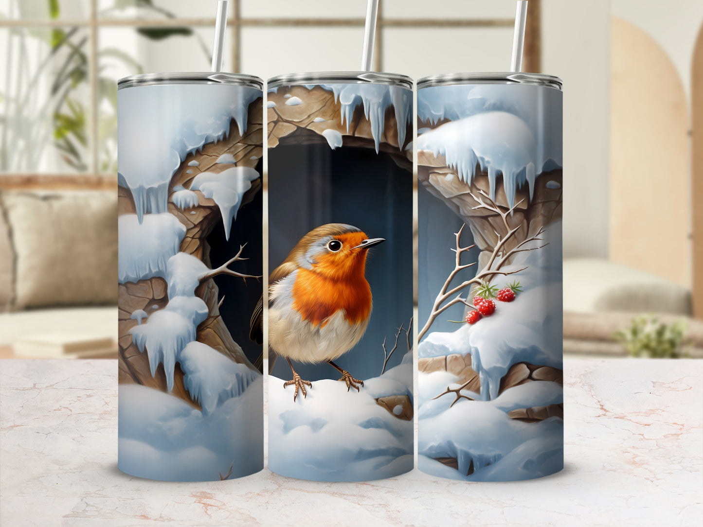 Robin perched on snowy branch inside icy cave, red berries.