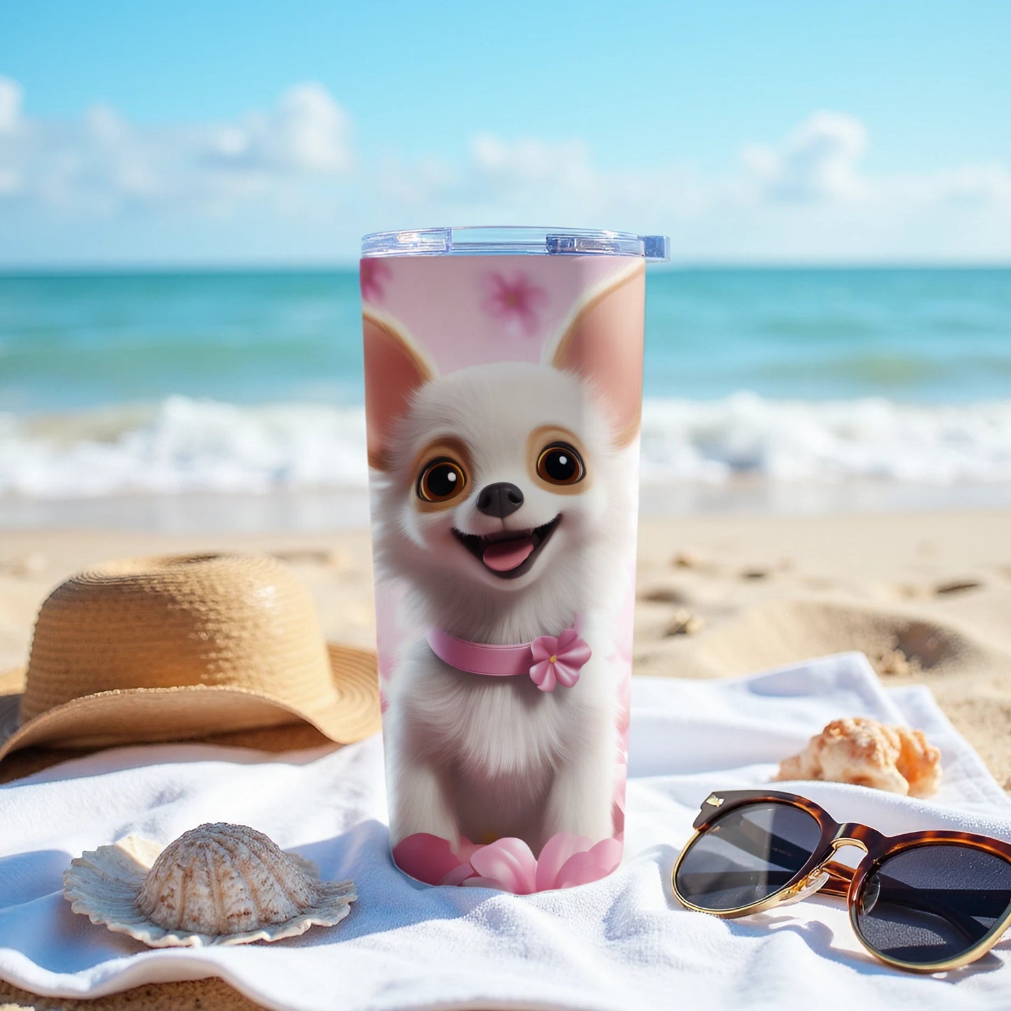 Cute Chihuahua Puppy Beach Scene Tumbler product type
Tumbler
Drinkware
Chihuahua
Puppy
Dog
Pet
Cute Animal
Beach Theme
Ocean Design
Summer Vacation
Travel Accessory
Seaside Scene
Pink Flowers
Happy Dog
Animal Art
Gift Idea
Custom Tumbler
Unique Design
Kawaii Dog
Beach Lifestyle