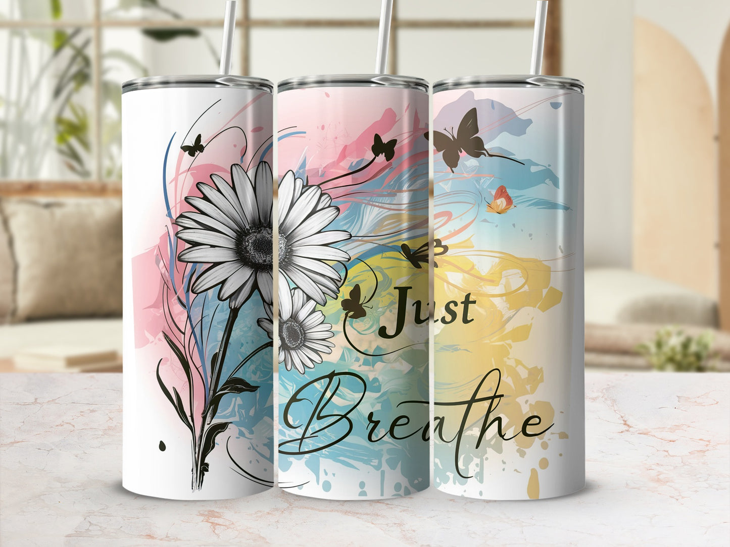 "Just Breathe" tumbler with floral and butterfly watercolor design.