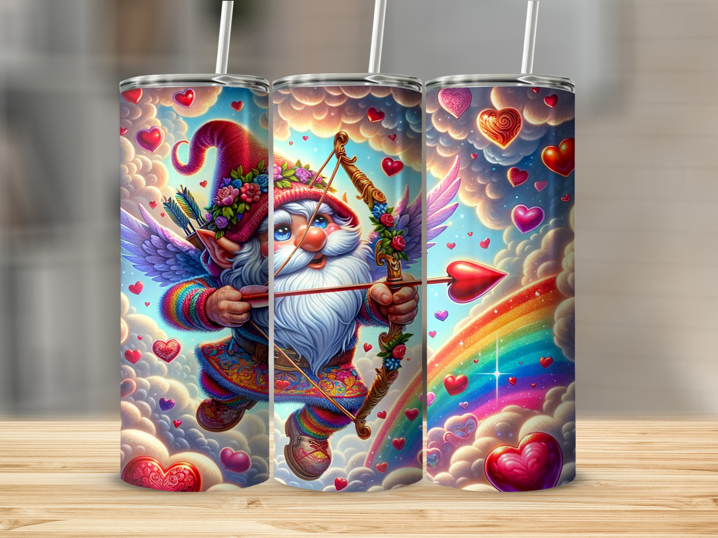 Colorful Cupid Gnome with Rainbow Hearts Tumbler