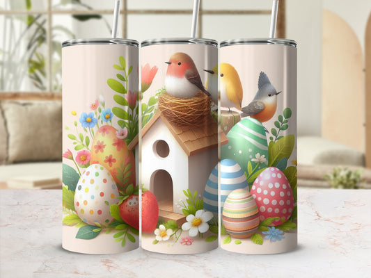 Three Easter-themed tumblers with birds, eggs, and floral designs.